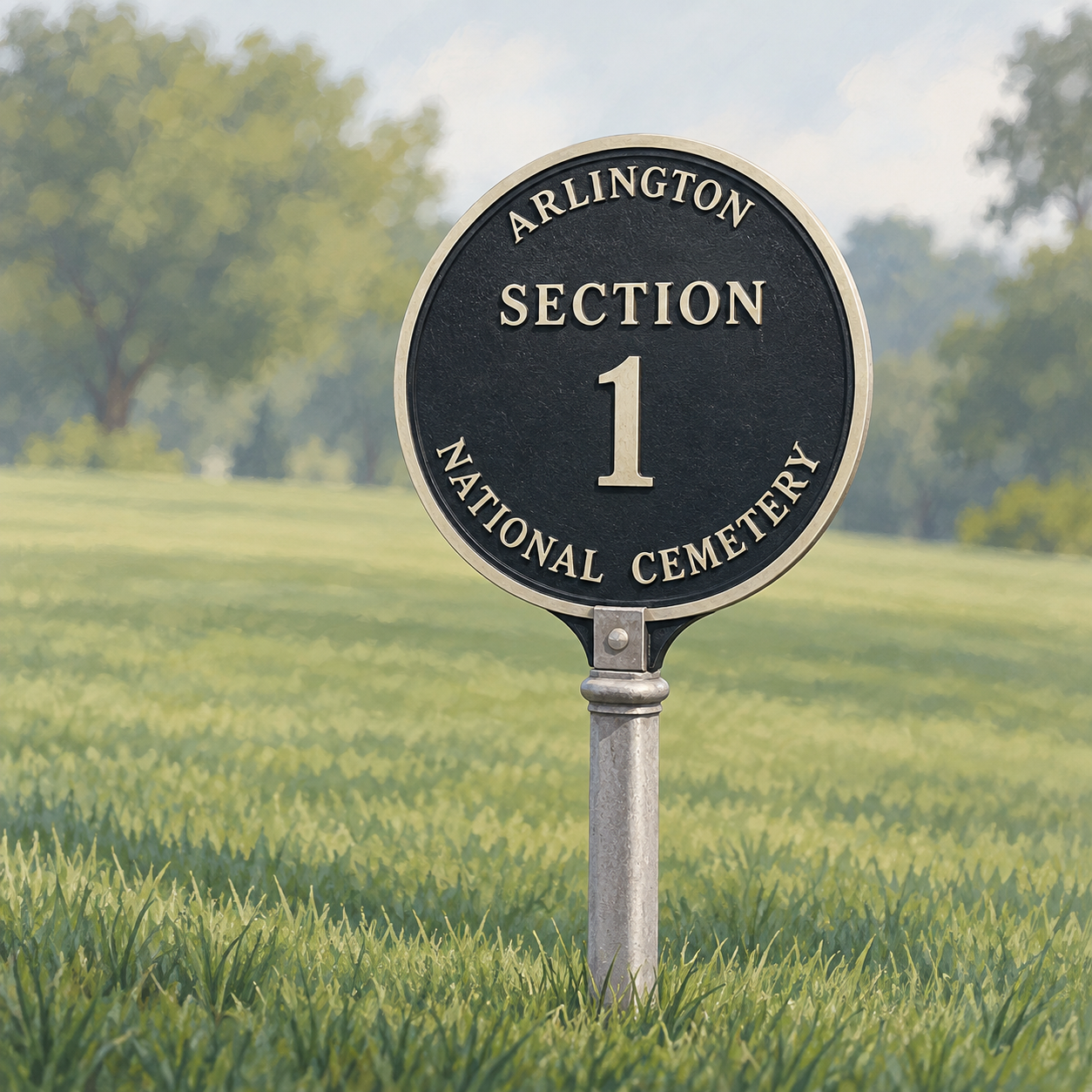Illustration of a round Arlington National Cemetery Section 1 sign on a post; example only, not Betty’s assigned section