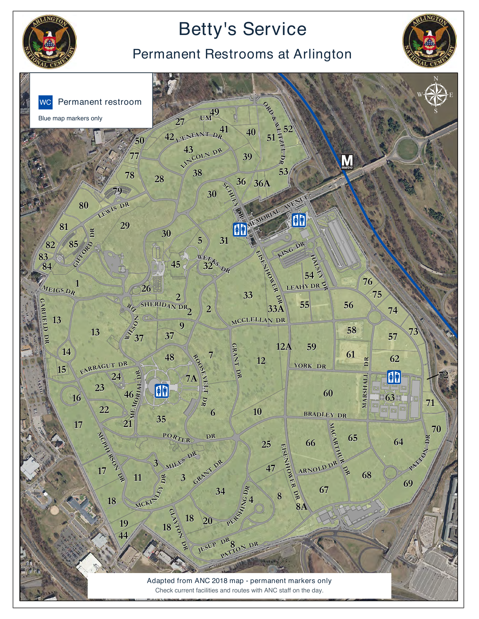 Adapted Arlington National Cemetery map with only four blue permanent restroom symbols: two near the Memorial Avenue entrance, one near Memorial Amphitheater, and one in the eastern cemetery near Section 63.