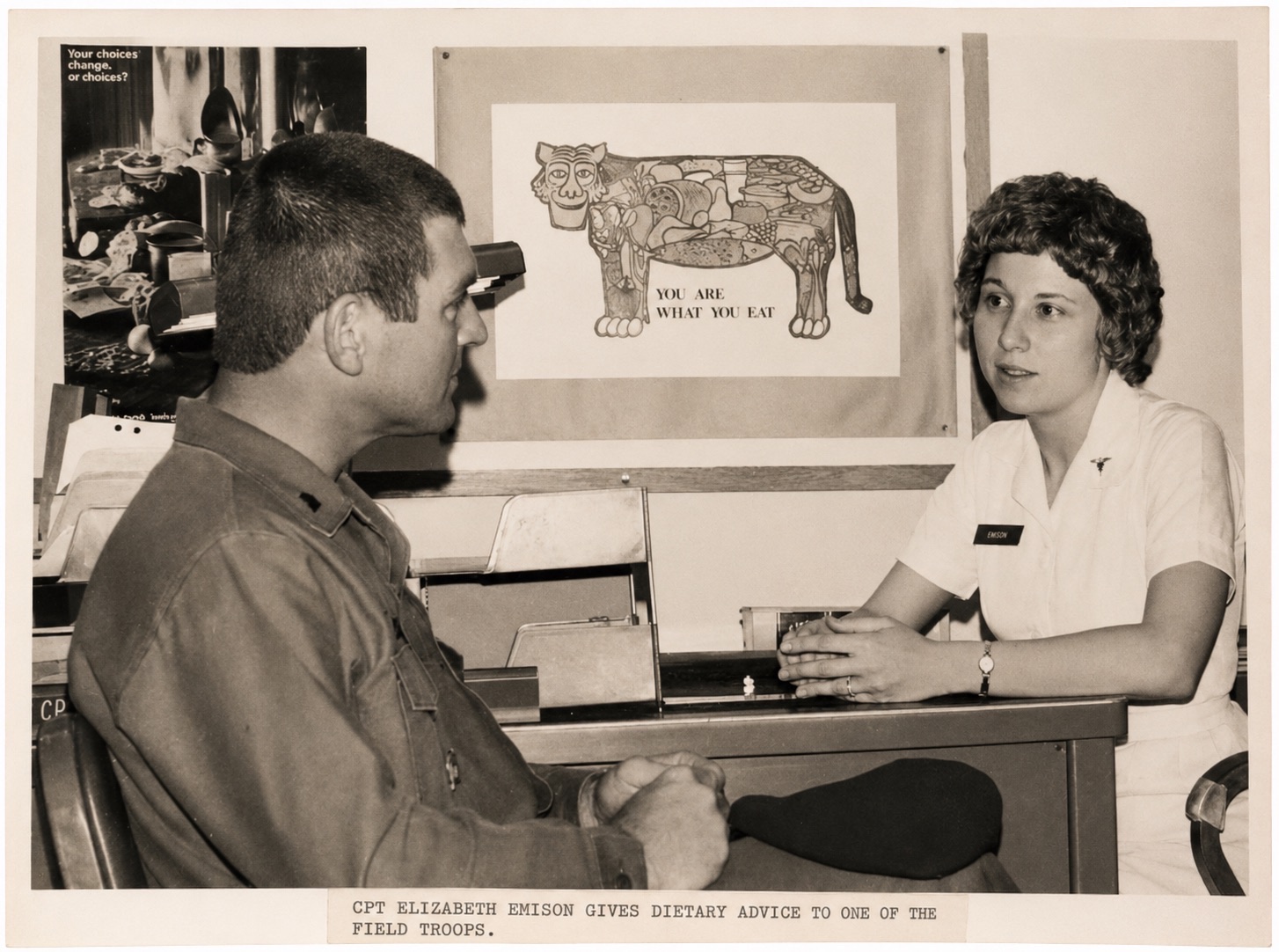 Betty in Army uniform speaking about food and nutrition in 1977