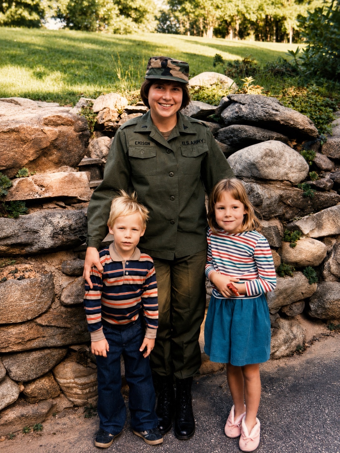 Betty with her children Eileen and Dave in a family photograph labeled 1985