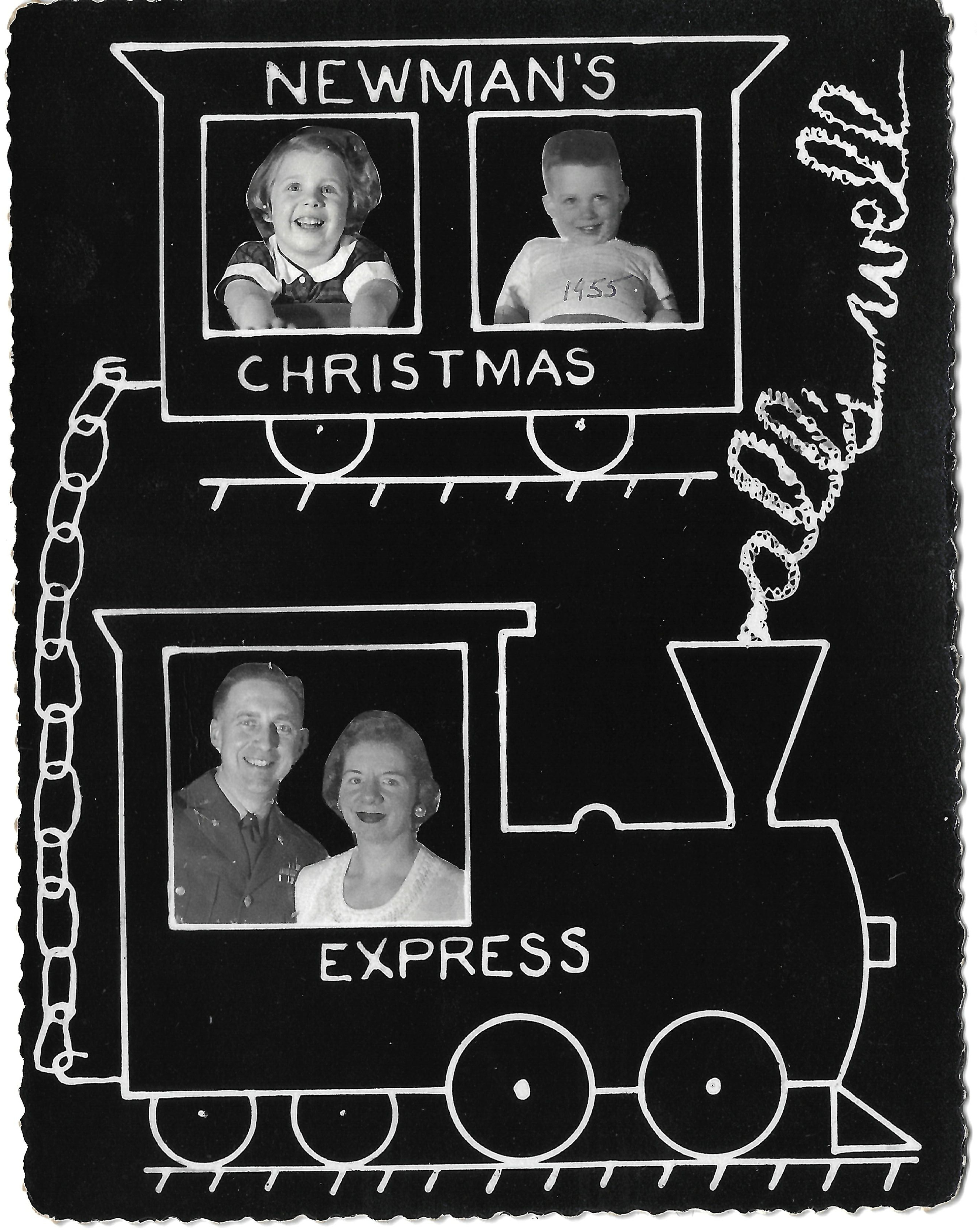 Newman’s Christmas Express. Family portraits ride aboard an illustrated Christmas train.
