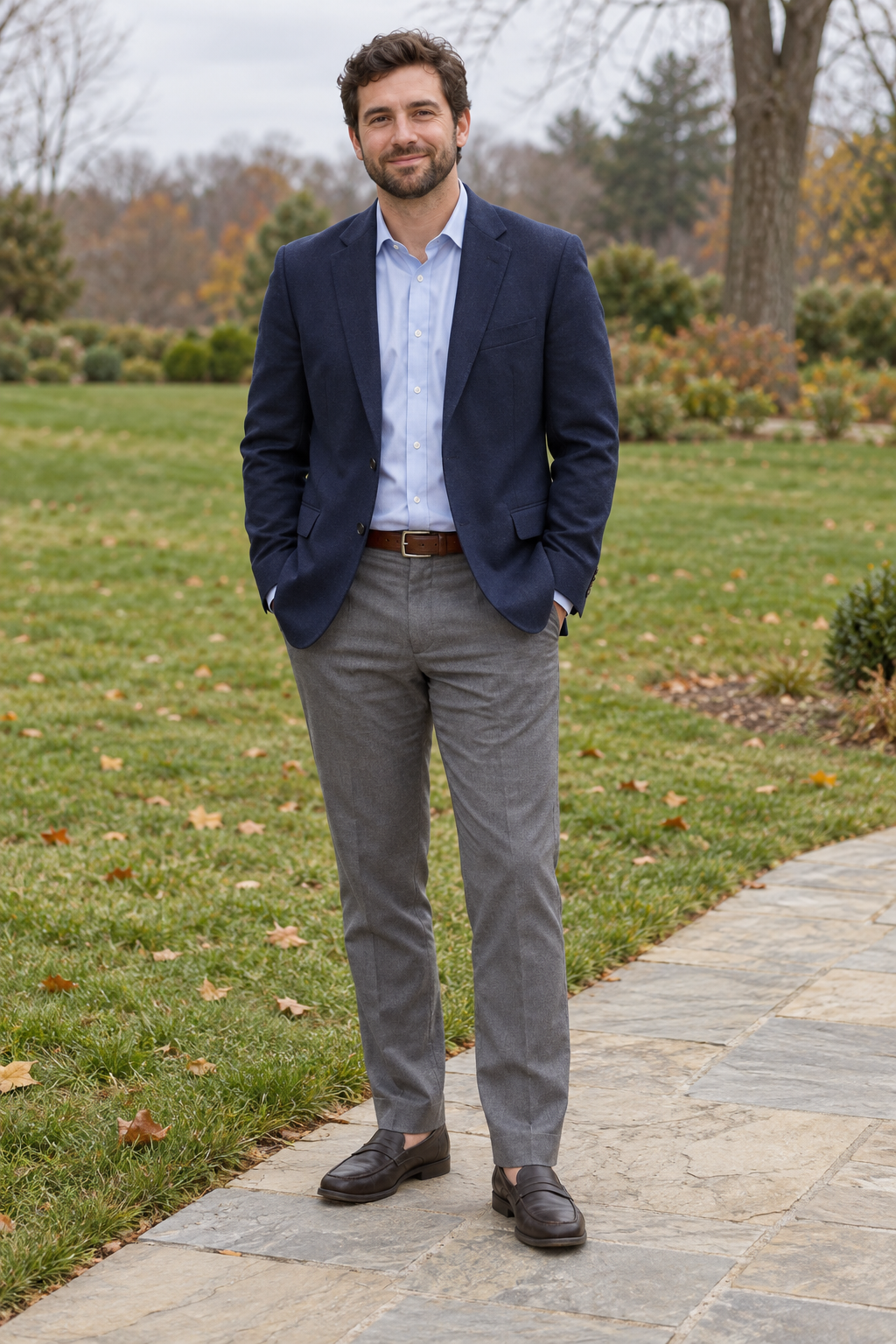 Man in a navy jacket, gray dress trousers, and comfortable loafers