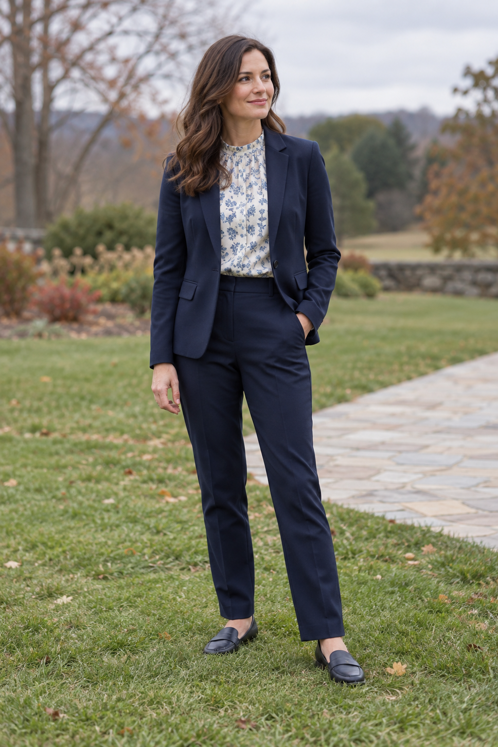 Woman in a navy blazer, blouse, dress trousers, and flat loafers on grass