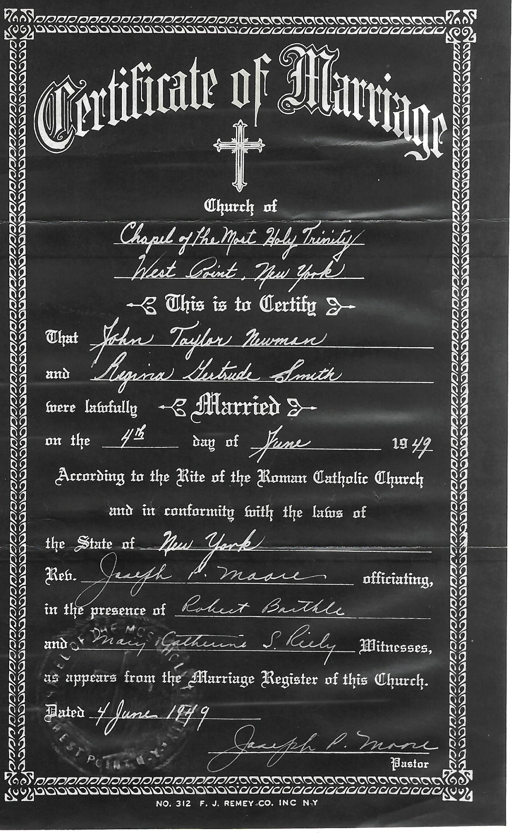 Jean and Jack’s marriage certificate records their wedding at the Chapel of the Most Holy Trinity, West Point, June 4, 1949.
