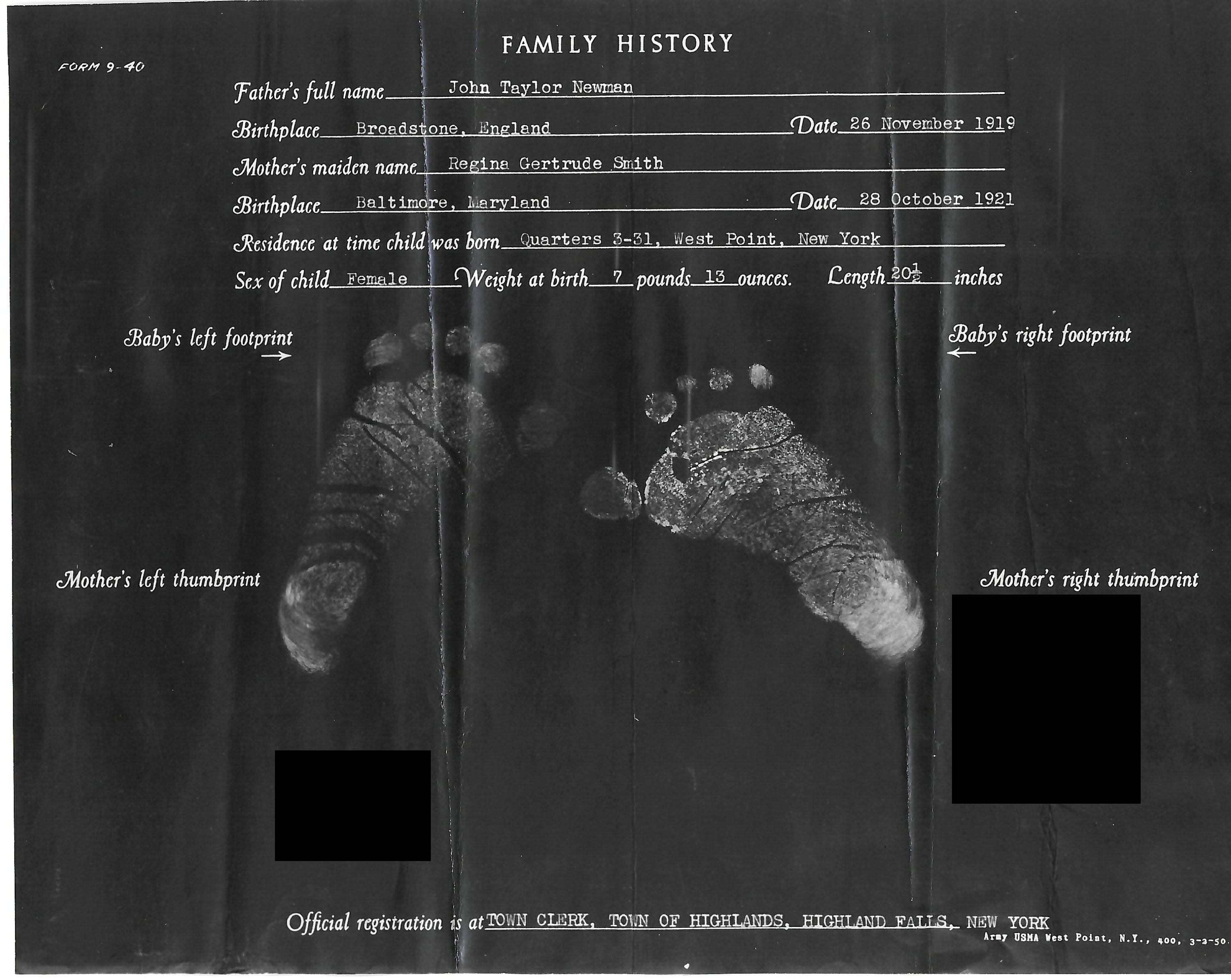 Betty’s infant footprints on a West Point family history form, 1951.