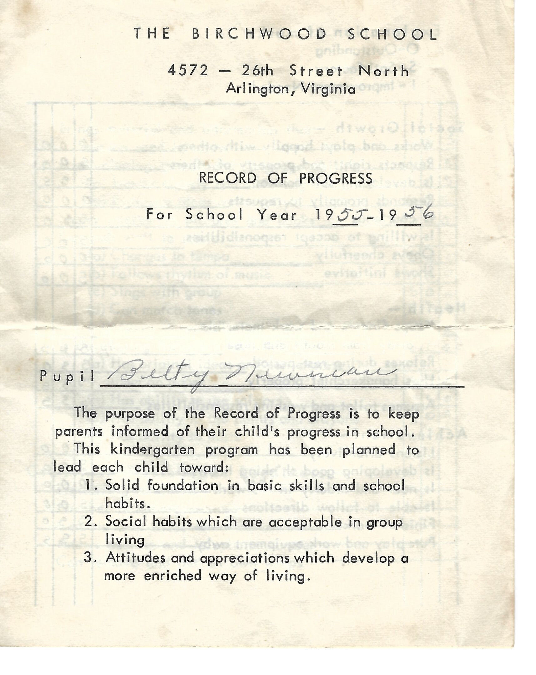 Betty Newman’s Birchwood School kindergarten progress-record cover, Arlington, Virginia, 1955–56.
