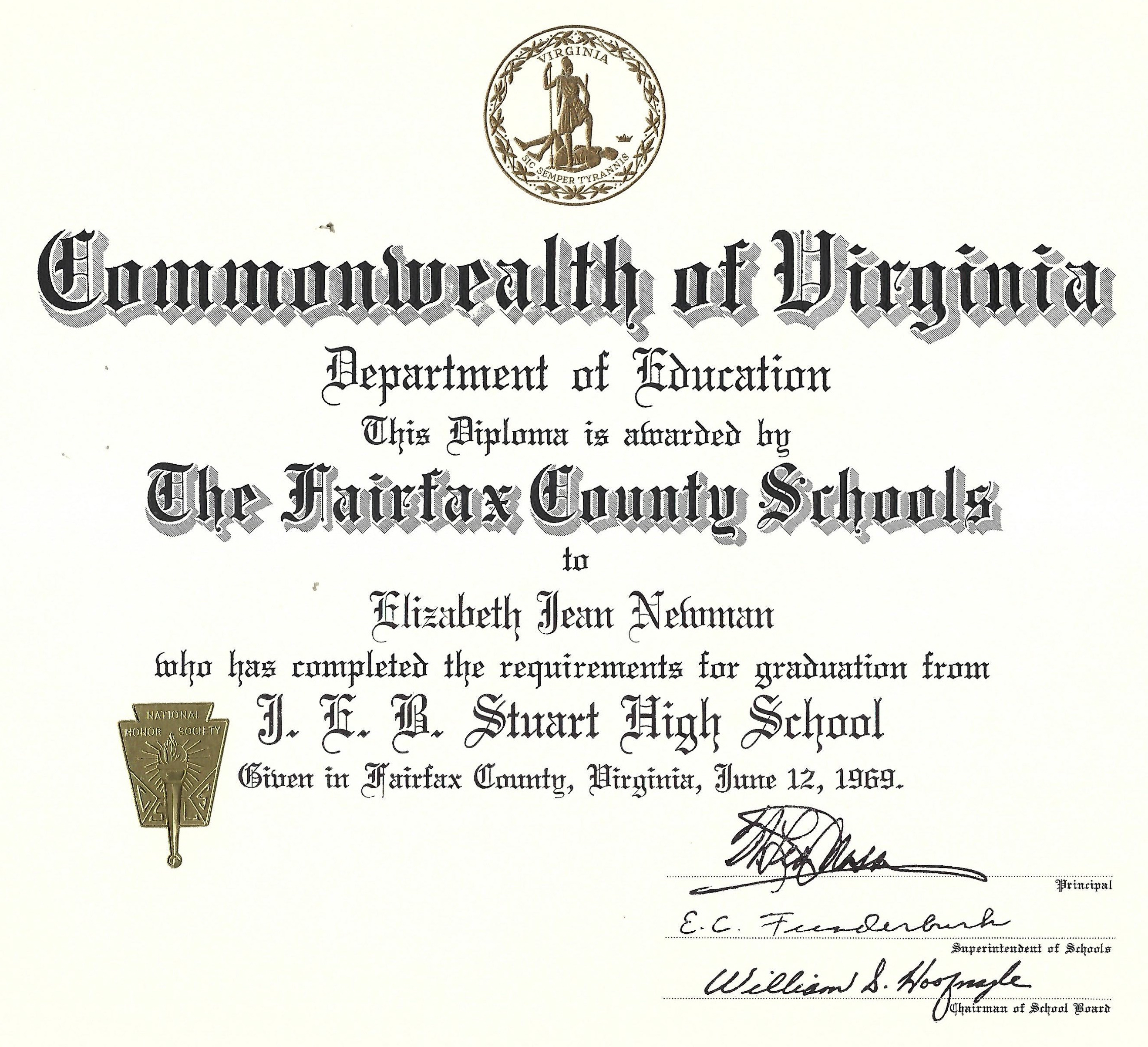Elizabeth Jean Newman’s J.E.B. Stuart High School diploma, dated June 12, 1969.