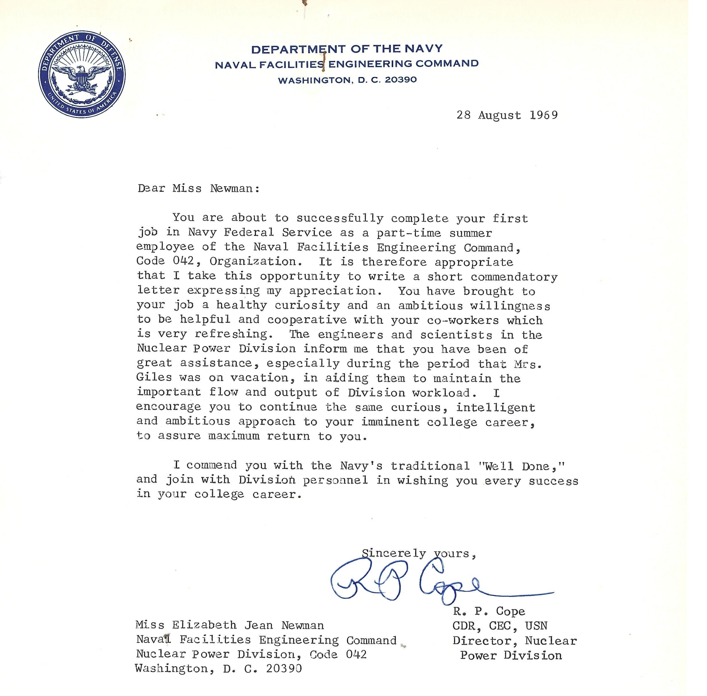 NAVFAC letter recognizing Betty’s first part-time summer civilian Navy Federal Service work in the Nuclear Power Division, August 28, 1969.