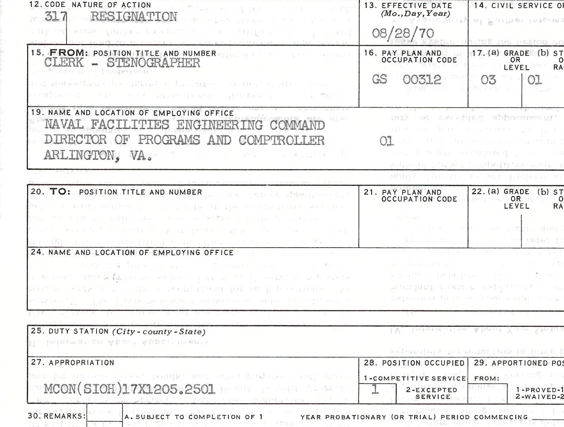 NAVFAC civilian clerk-stenographer resignation to continue education, effective August 28, 1970.