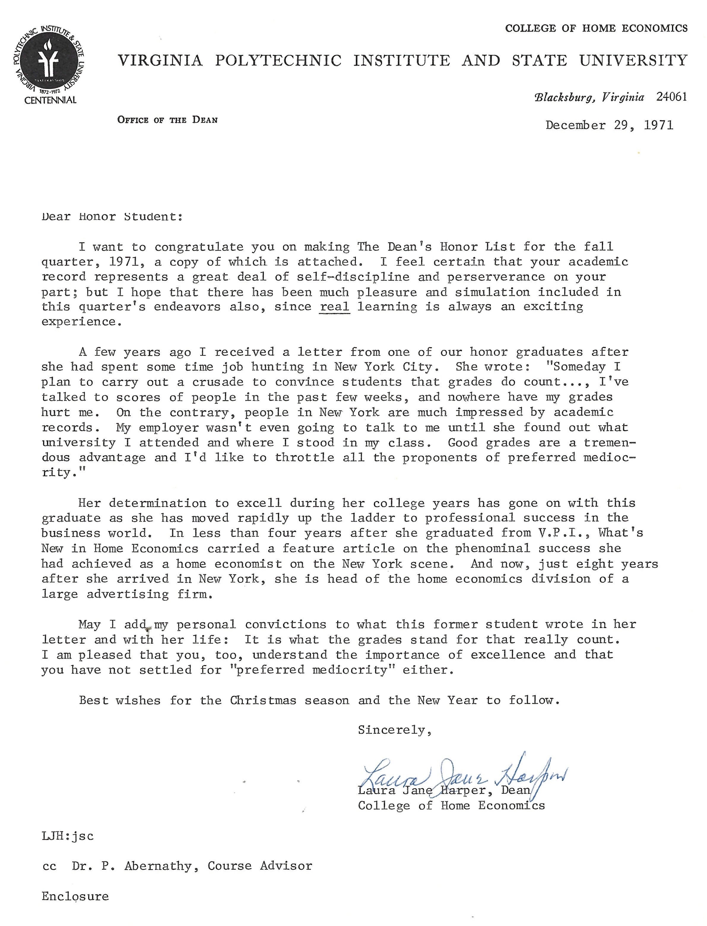 Virginia Tech Dean’s Honor List letter for fall quarter 1971, dated December 29, 1971.