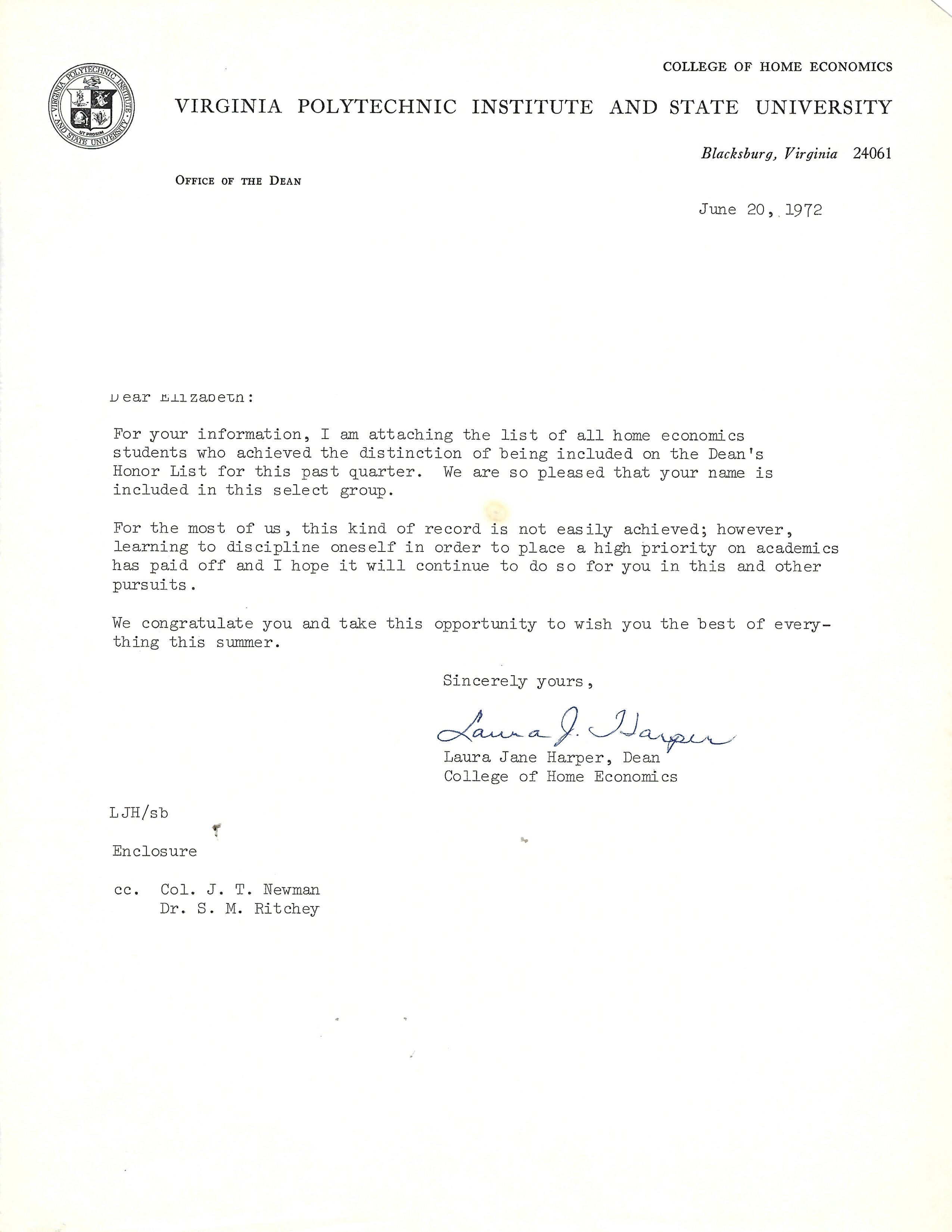 Virginia Tech Dean’s Honor List letter, dated June 20, 1972; the letter calls it the past quarter without naming that quarter.