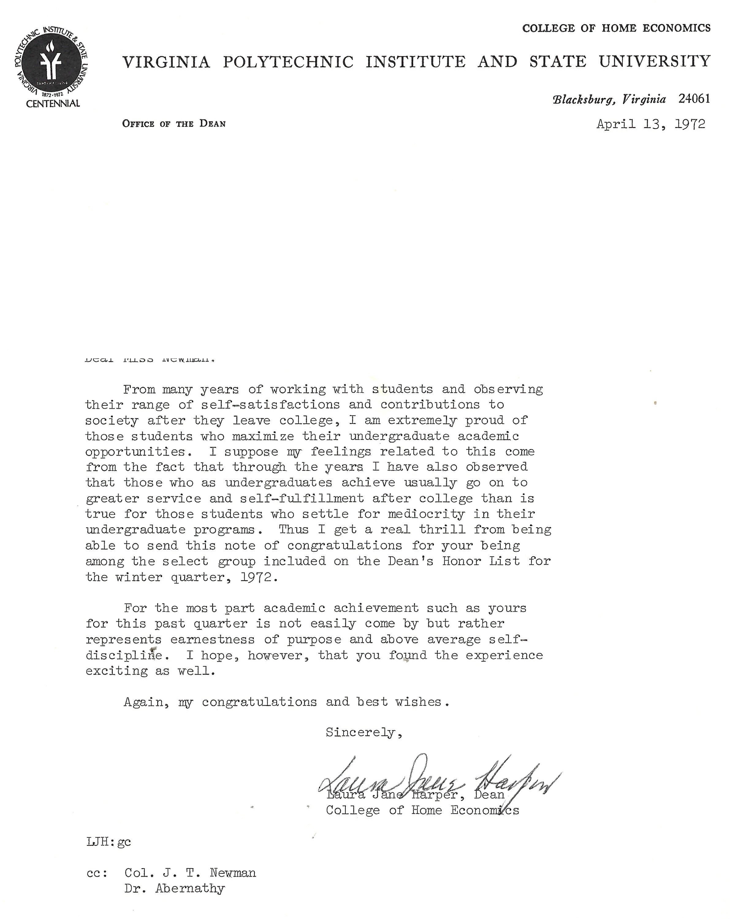 Virginia Tech Dean’s Honor List letter for winter quarter 1972, dated April 13, 1972.