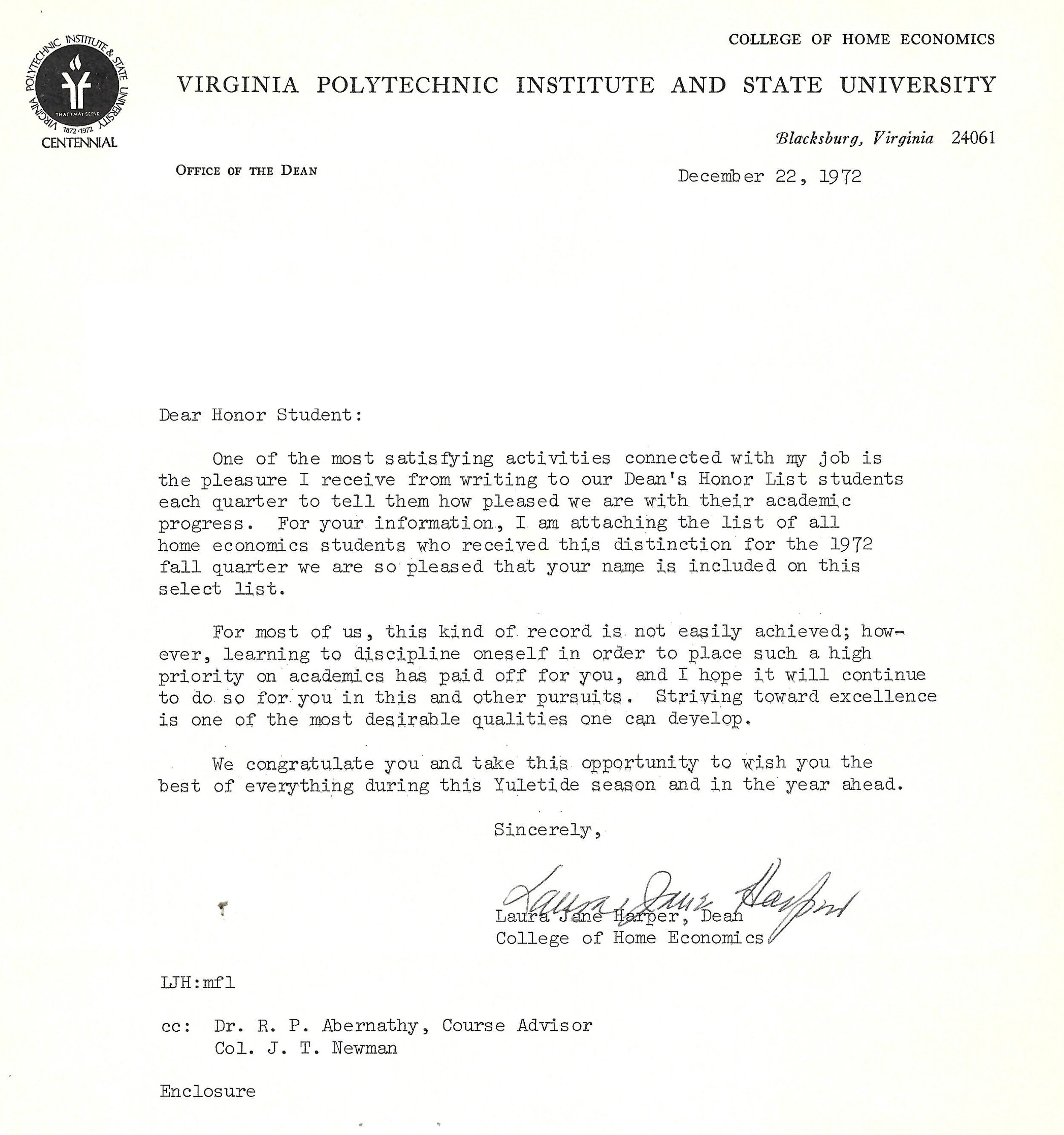 Virginia Tech Dean’s Honor List letter for fall quarter 1972, dated December 22, 1972.