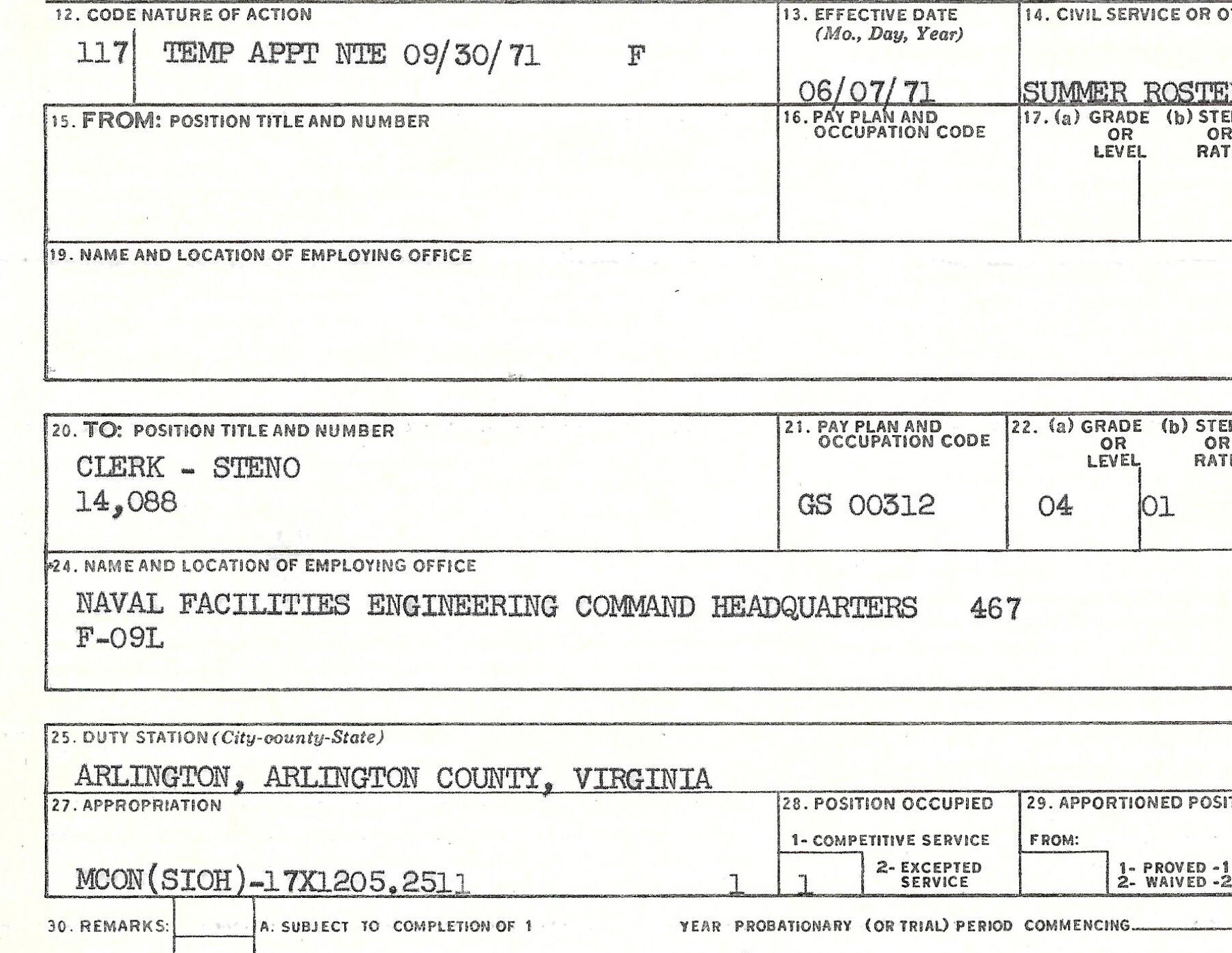 NAVFAC temporary GS-4 civilian clerk-stenographer appointment, June 7, 1971.