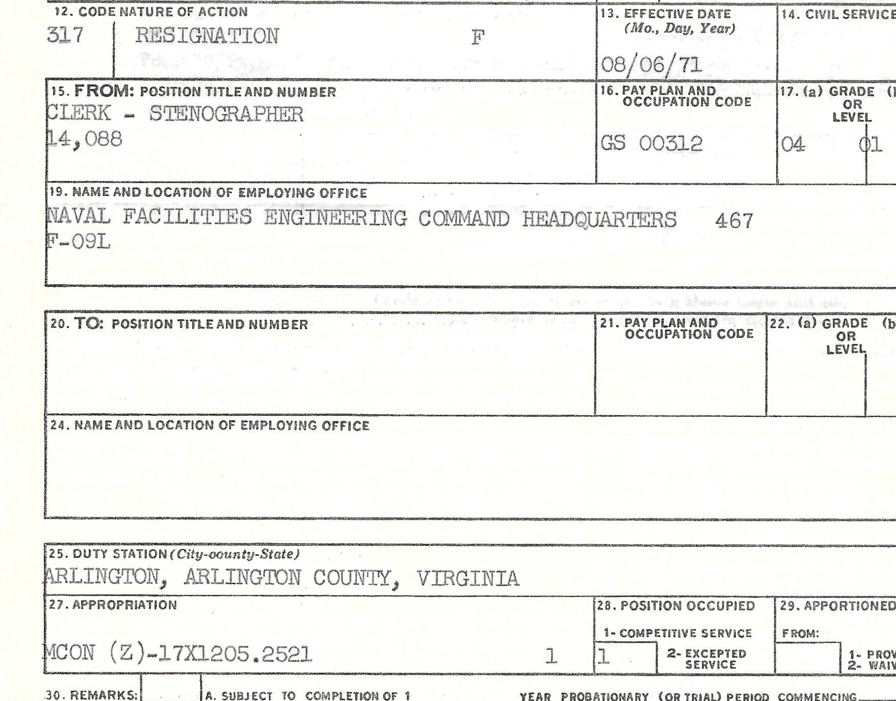 NAVFAC civilian clerk-stenographer resignation to return to college, effective August 6, 1971.
