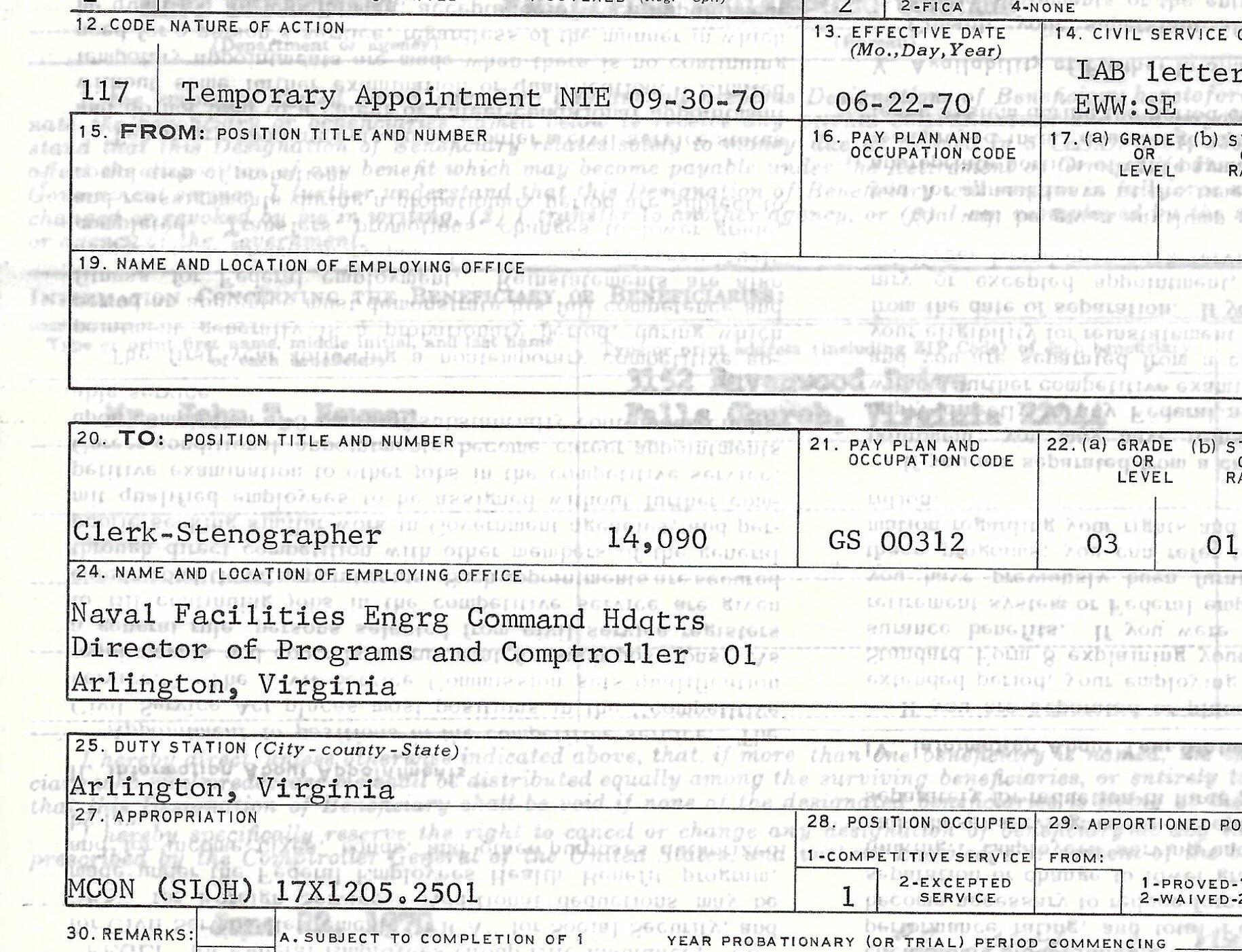 NAVFAC temporary GS-3 civilian clerk-stenographer appointment, June 22, 1970.