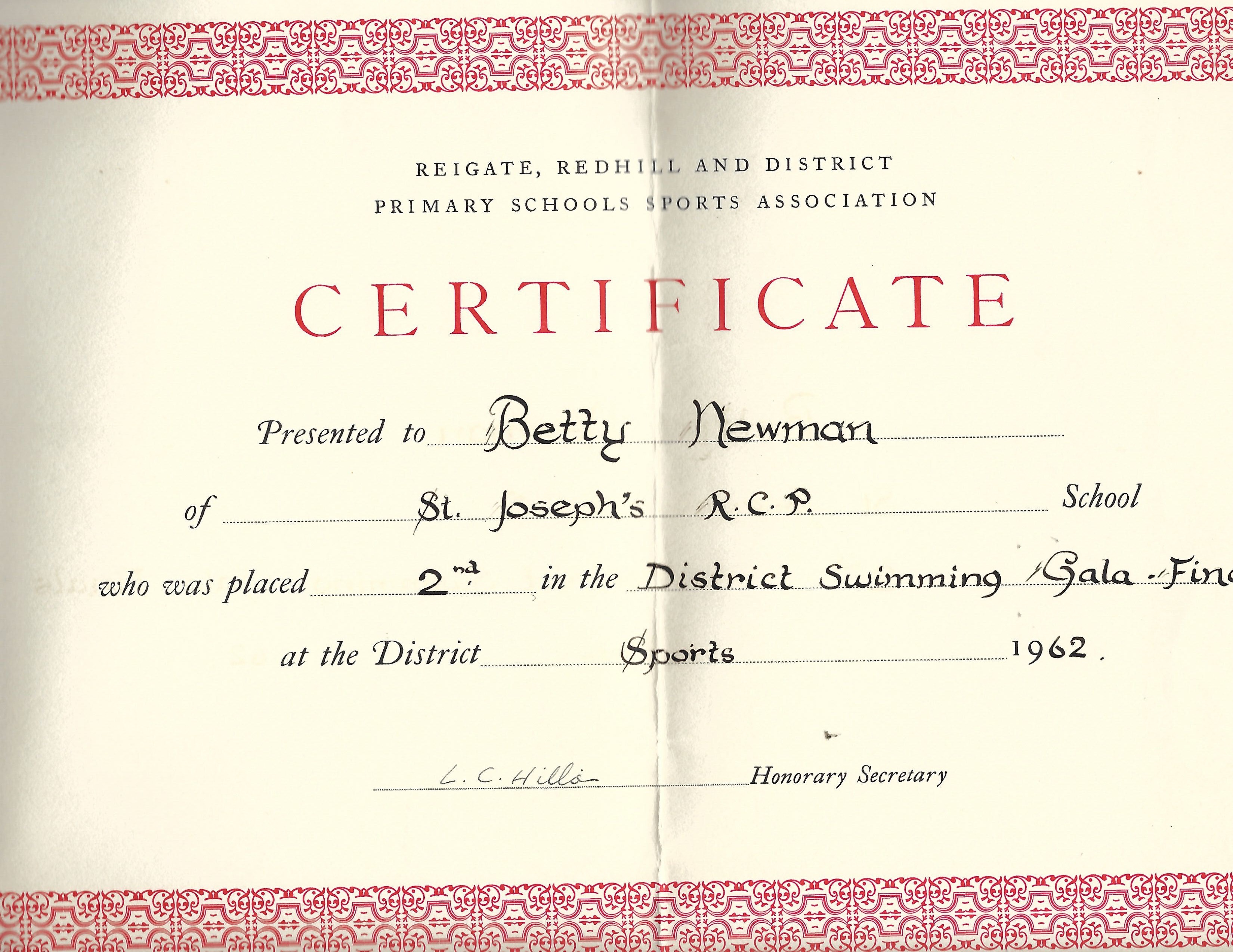 Betty Newman placed second in a district swimming event for St. Joseph’s school in the Reigate and Redhill district in 1962.