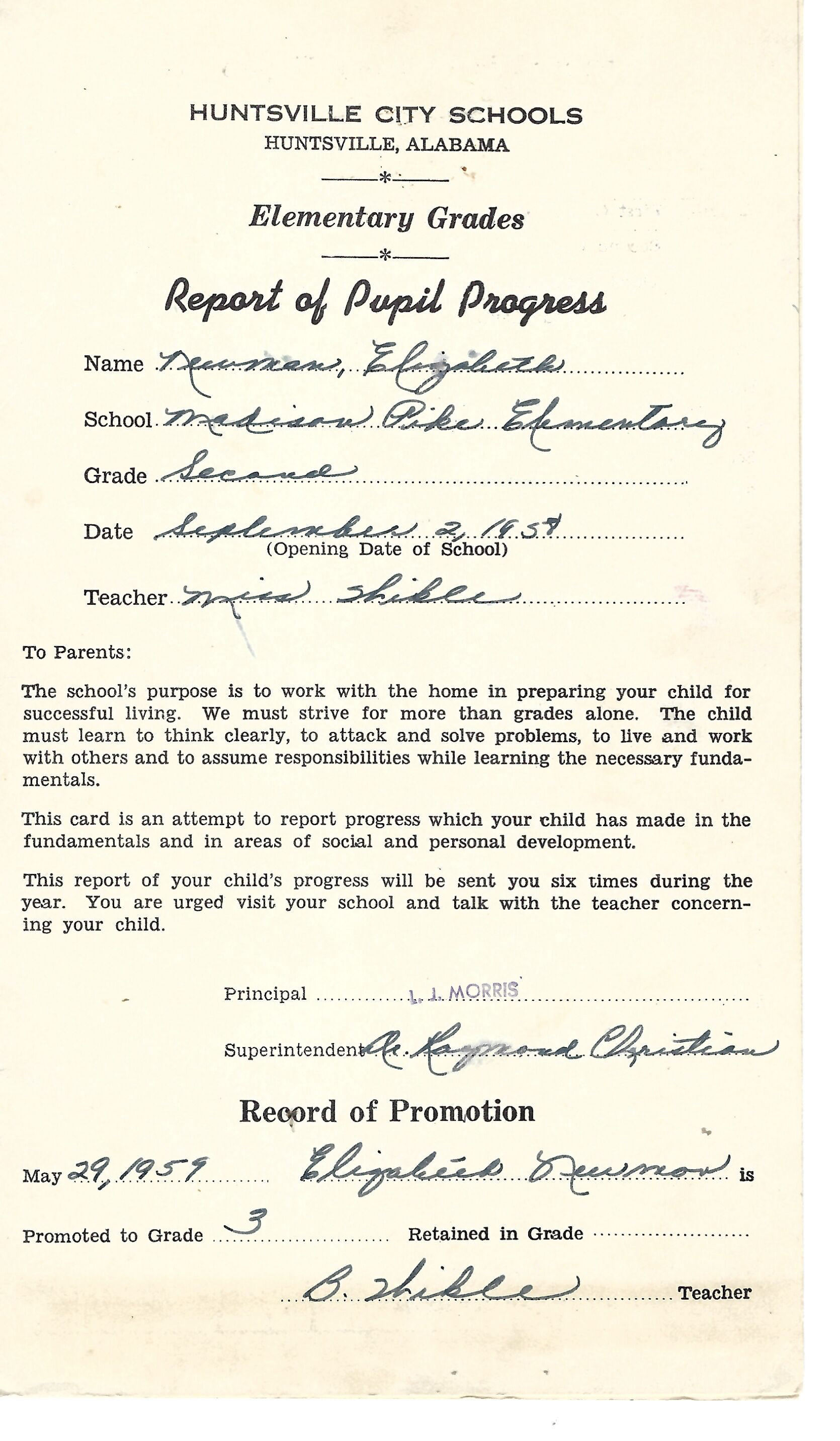 Elizabeth Newman’s Madison Pike Elementary second-grade record, Huntsville, Alabama, recording promotion to third grade on May 29, 1959.