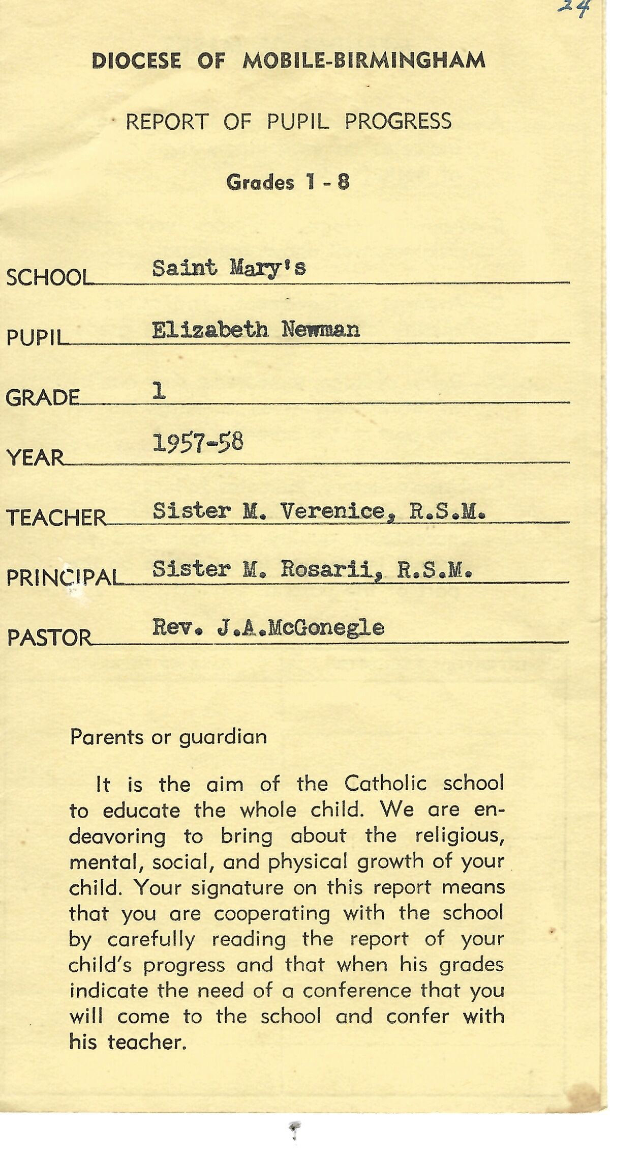 Elizabeth Newman’s first-grade report cover from Saint Mary’s, Diocese of Mobile-Birmingham, 1957–58. The school city is not established by this page.