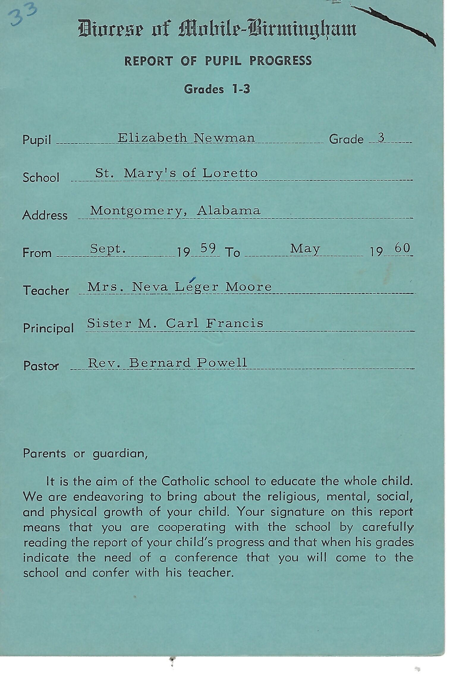 Elizabeth Newman’s St. Mary’s of Loretto third-grade report cover, Montgomery, Alabama, 1959–60.