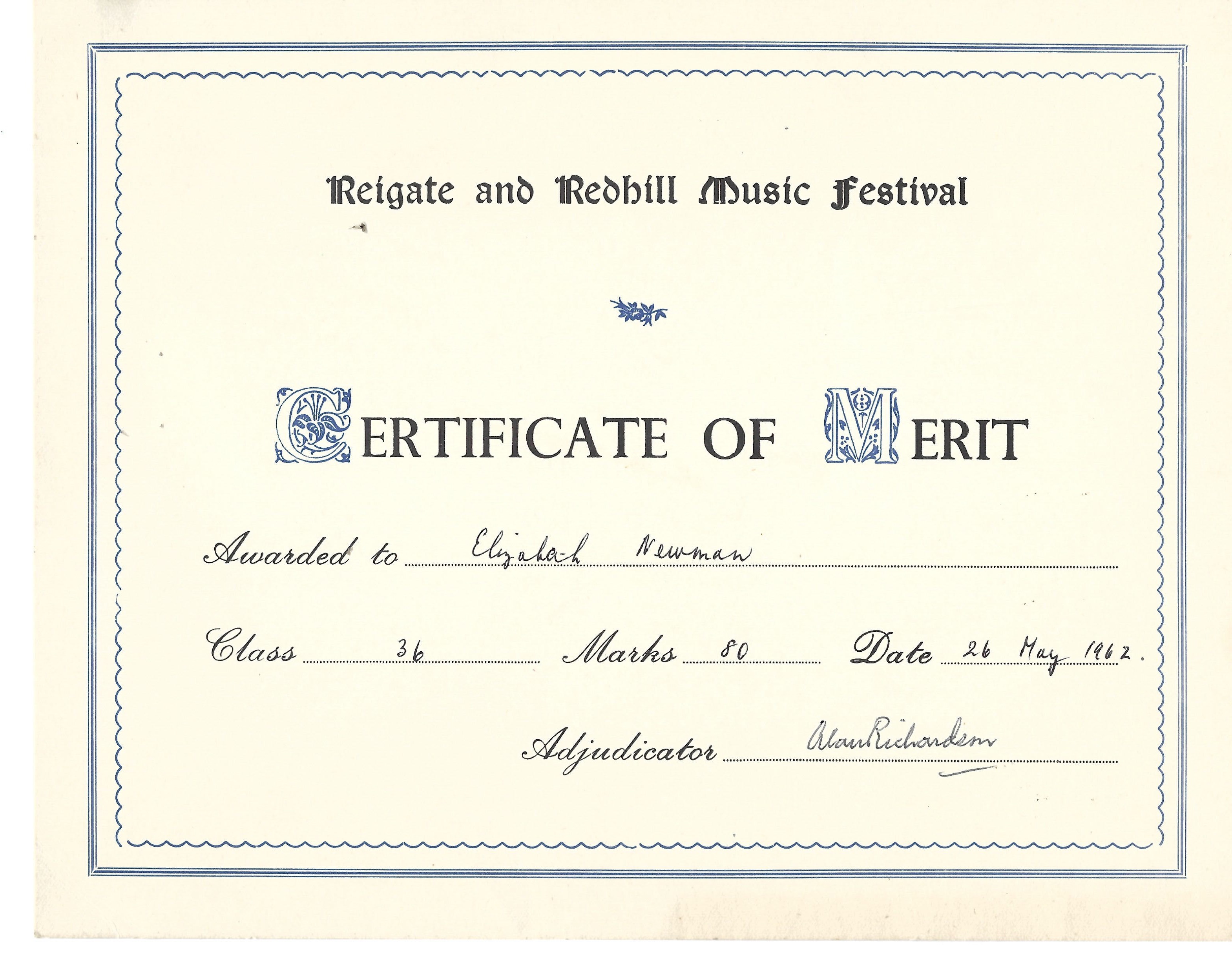 Elizabeth Newman received a certificate of merit from the Reigate and Redhill Music Festival on May 26, 1962.