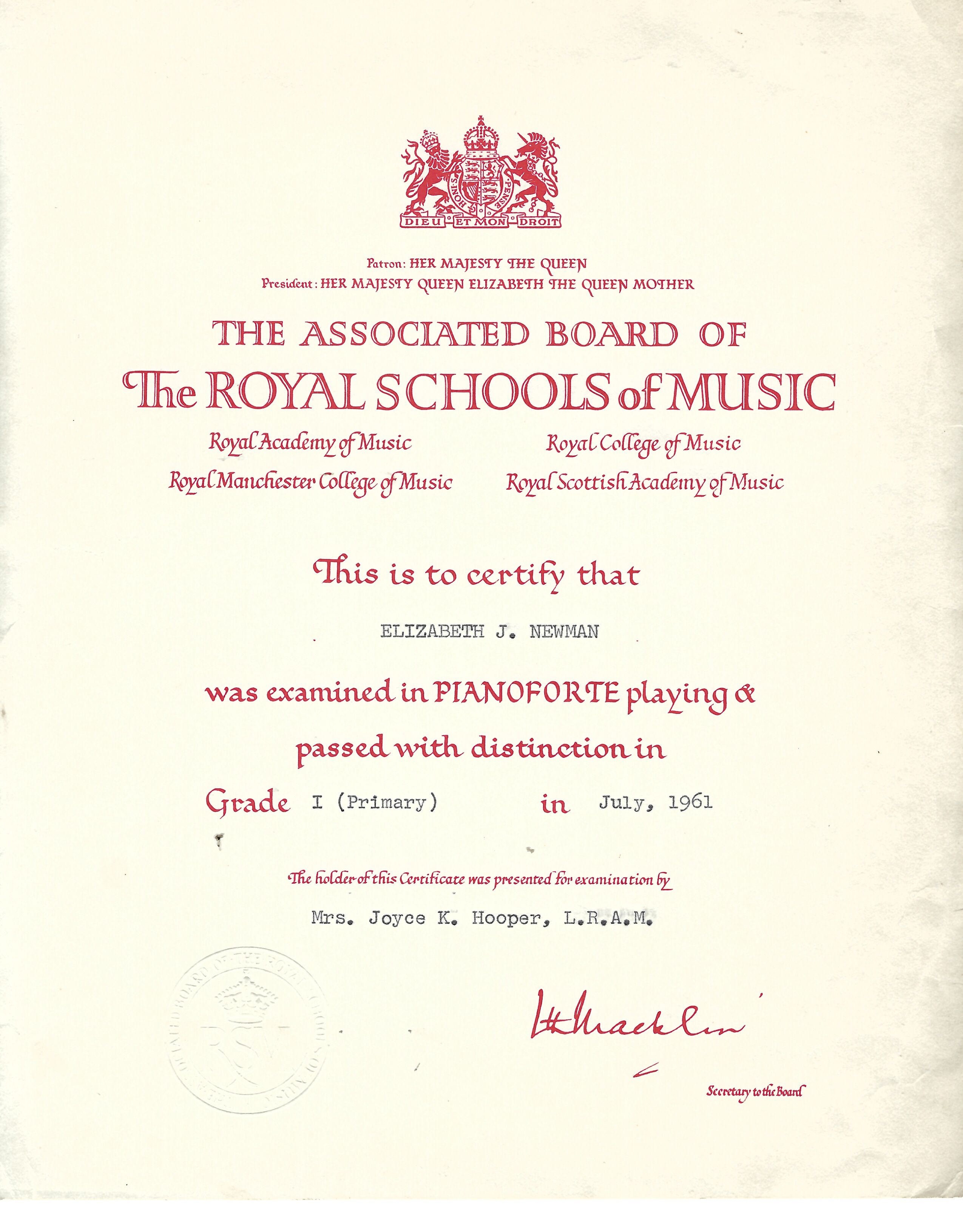 Betty Newman passed the Royal Schools of Music Grade I pianoforte examination with distinction in July 1961.