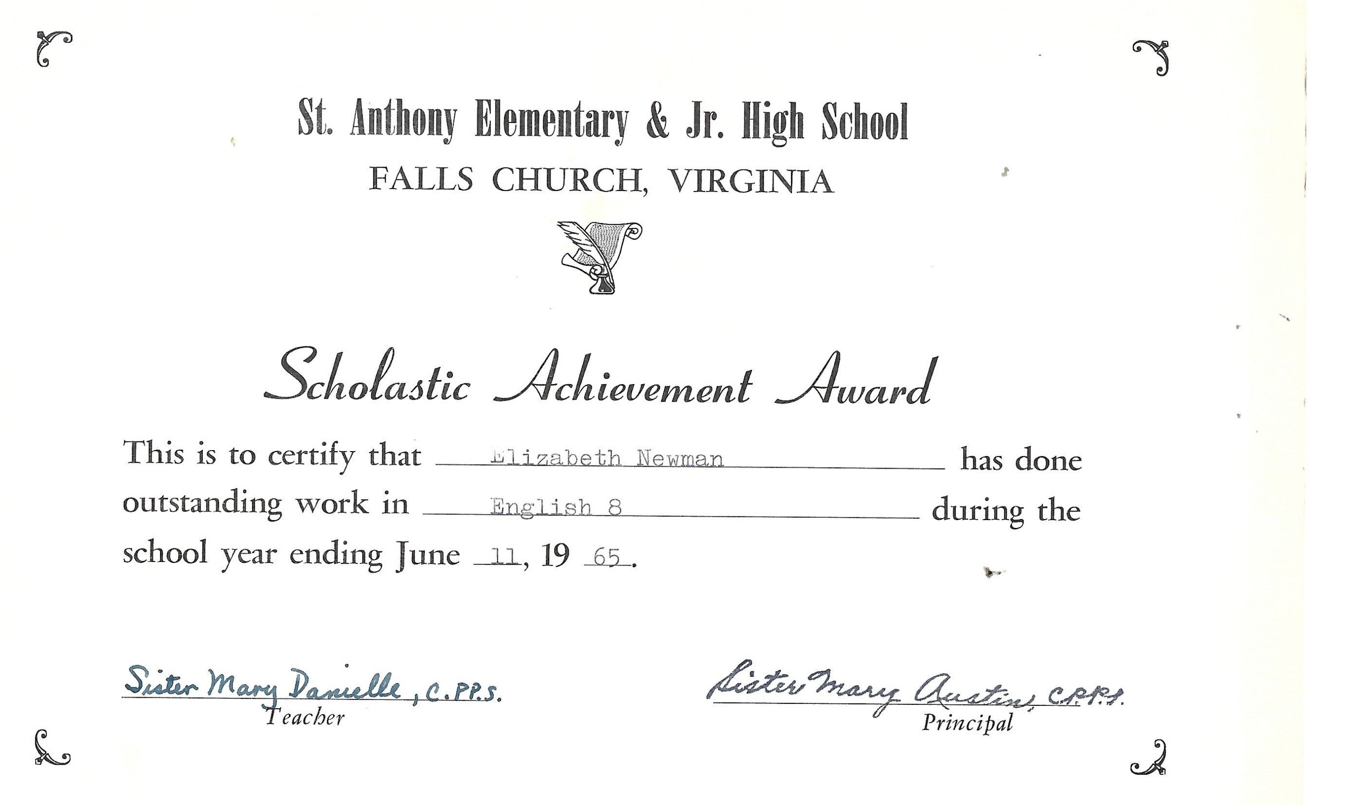 Elizabeth Newman received a St. Anthony scholastic achievement award for English 8 in Falls Church, Virginia, on June 11, 1965.