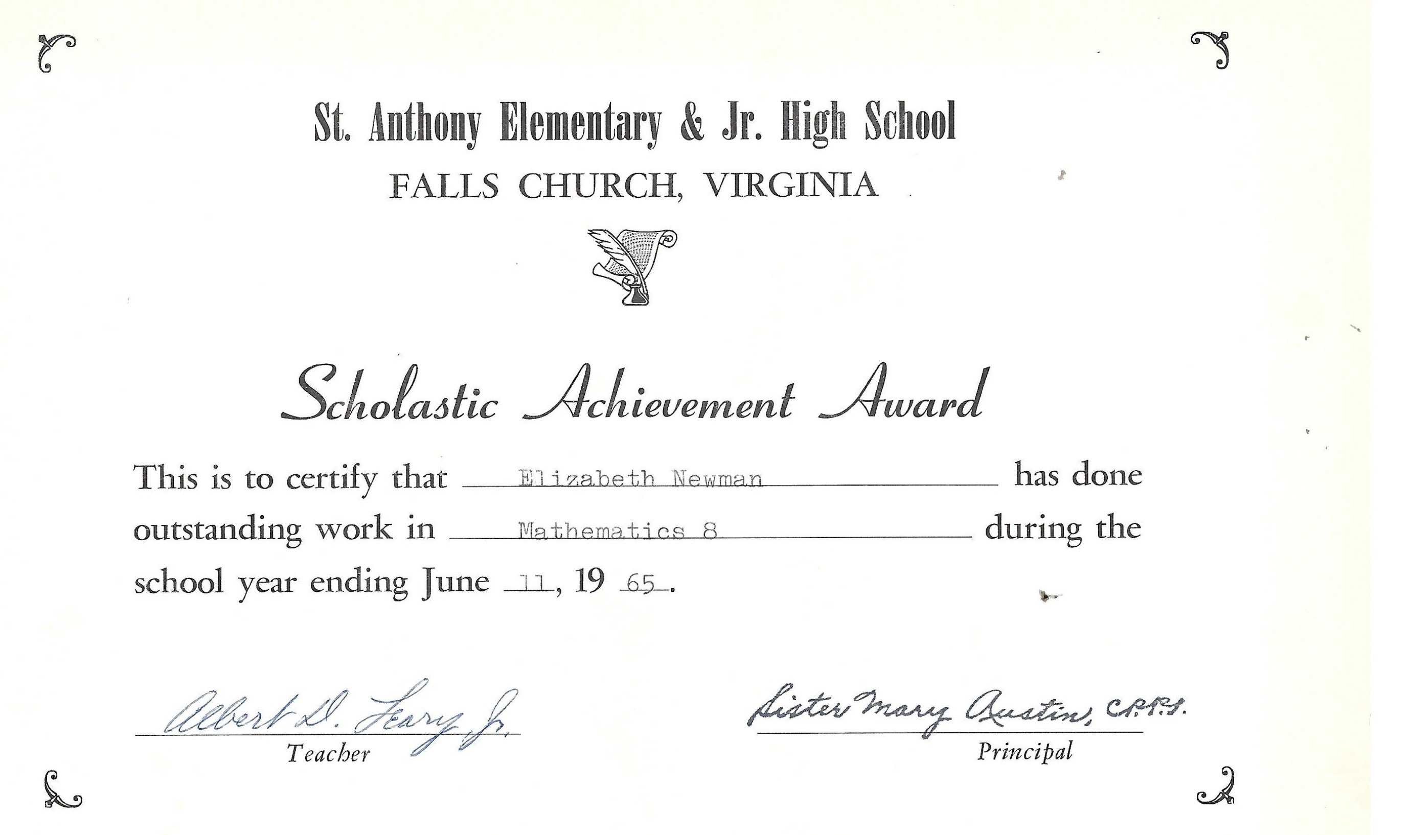 Elizabeth Newman received a St. Anthony scholastic achievement award for Mathematics 8 in Falls Church, Virginia, on June 11, 1965.