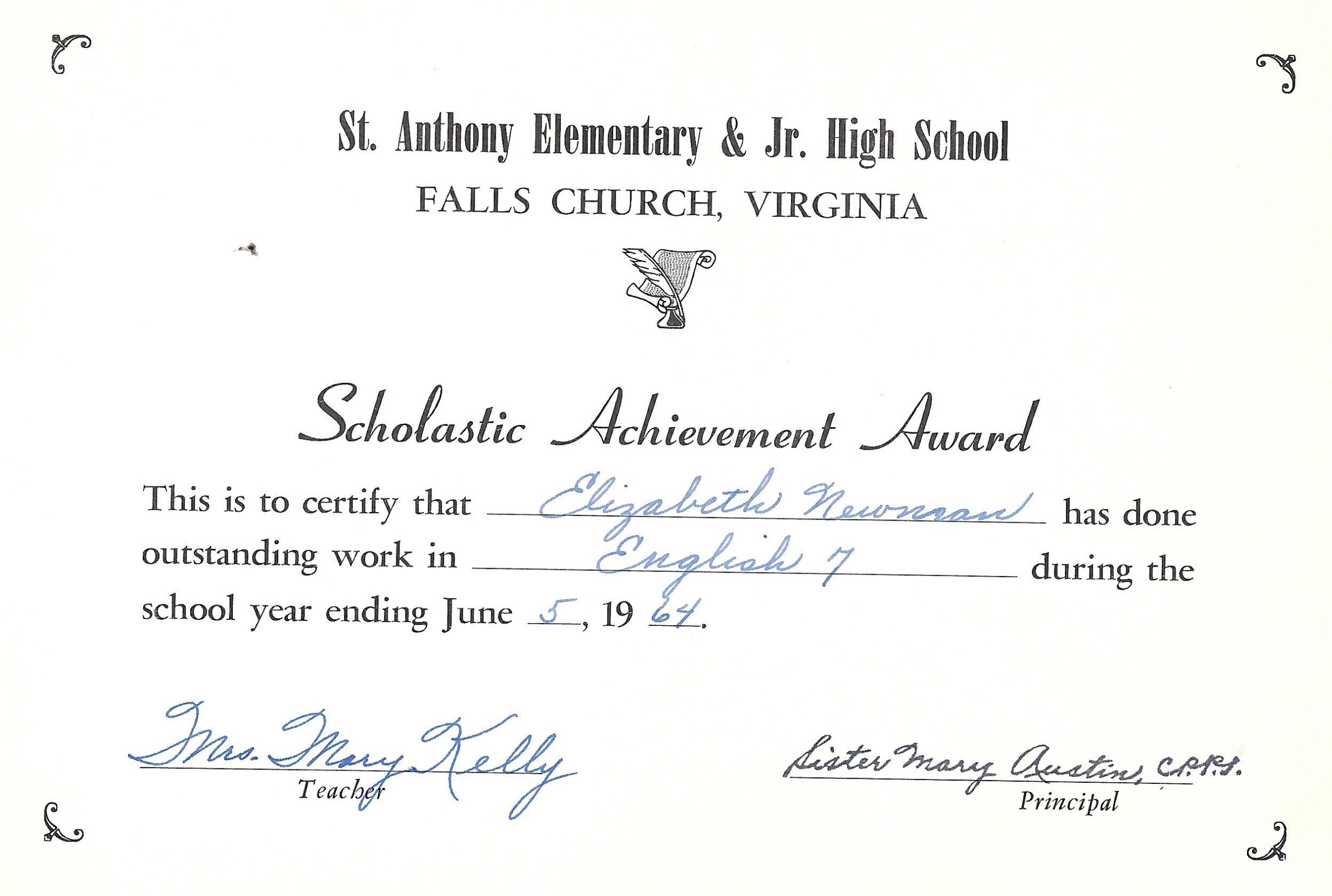 Elizabeth Newman received a St. Anthony scholastic achievement award for English 7 in Falls Church, Virginia, on June 5, 1964.