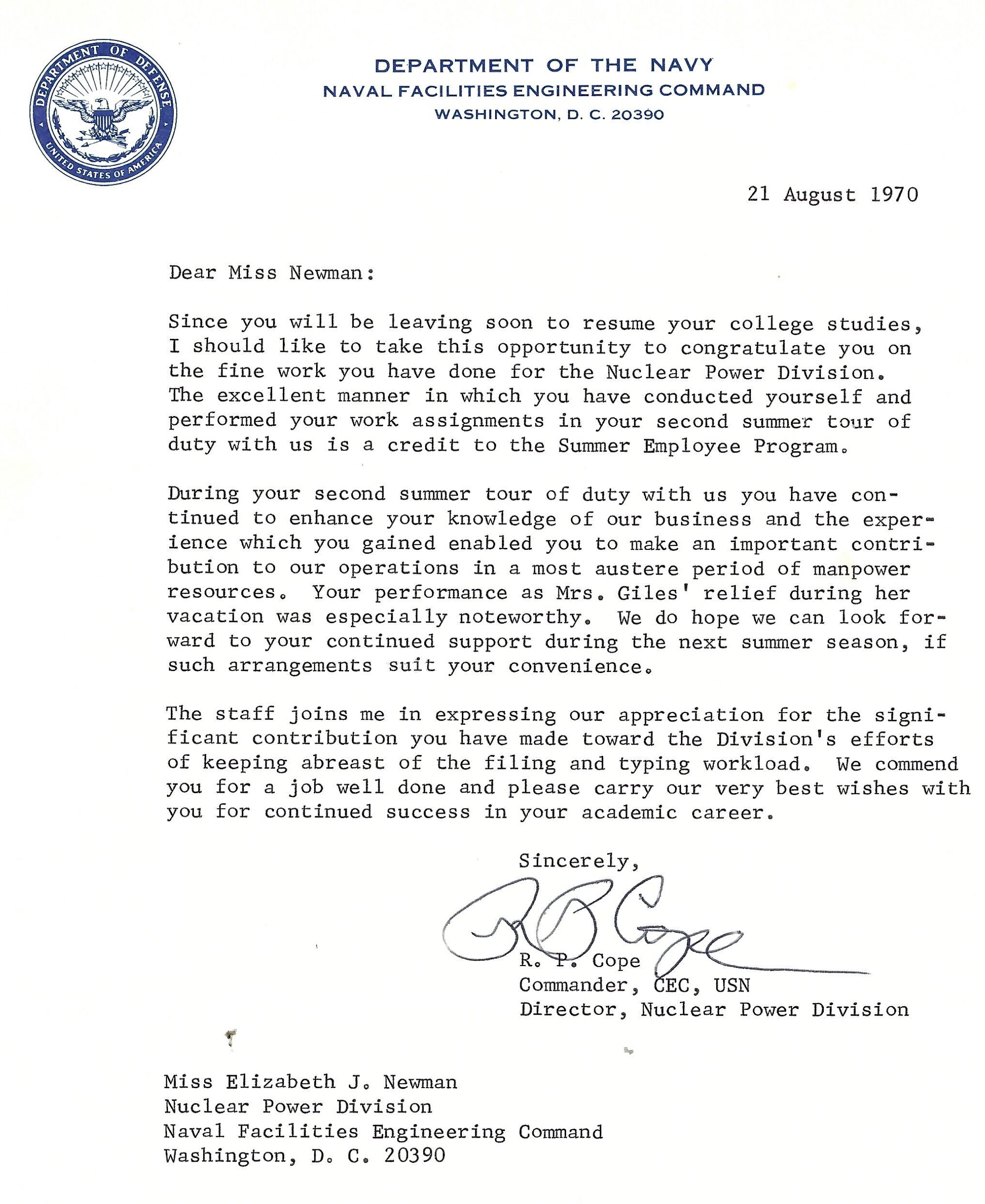 NAVFAC commendation for Betty’s second summer of civilian Navy work, August 21, 1970.