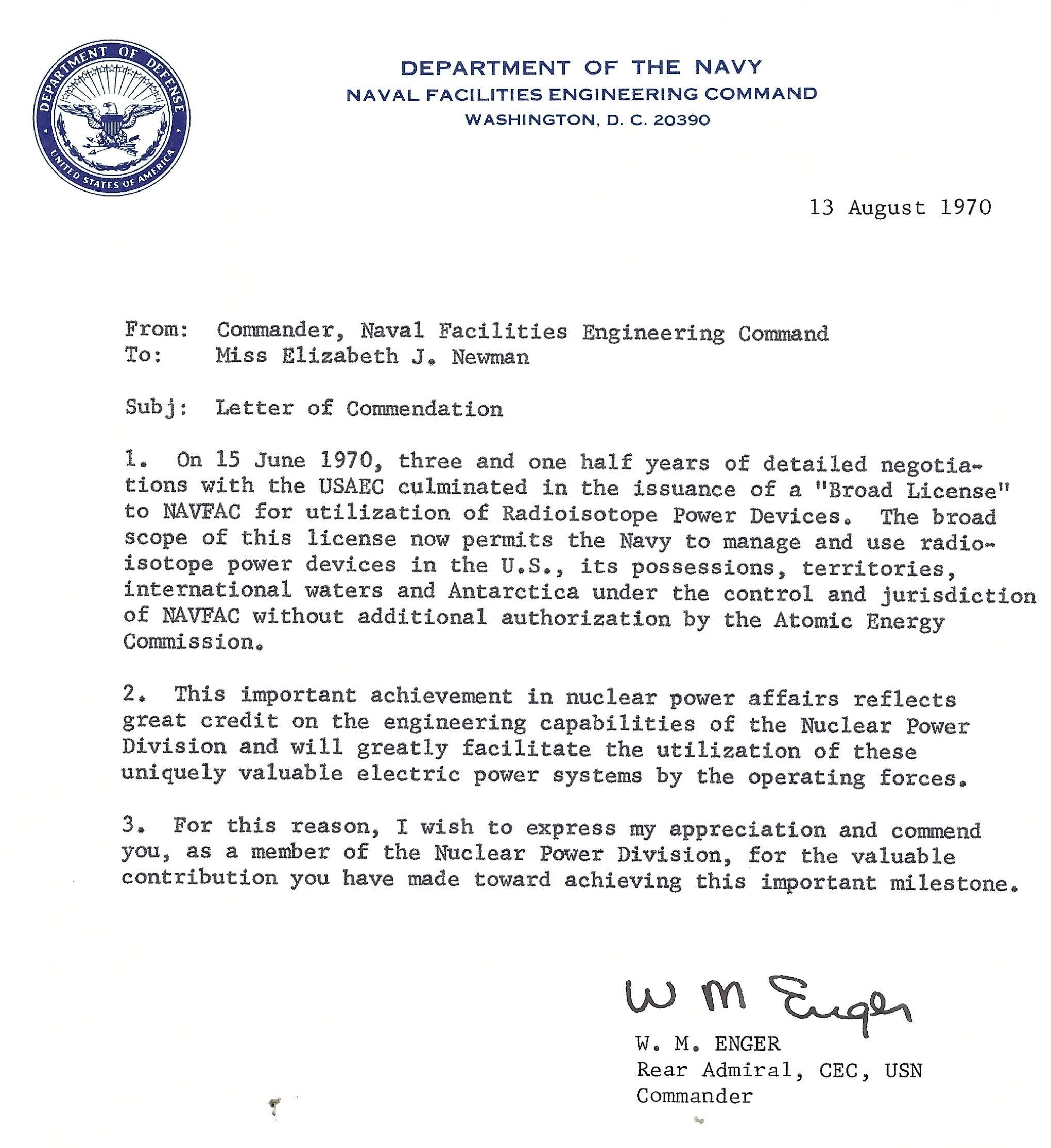 NAVFAC commendation recognizing Betty’s contribution to a nuclear power licensing milestone, August 13, 1970.