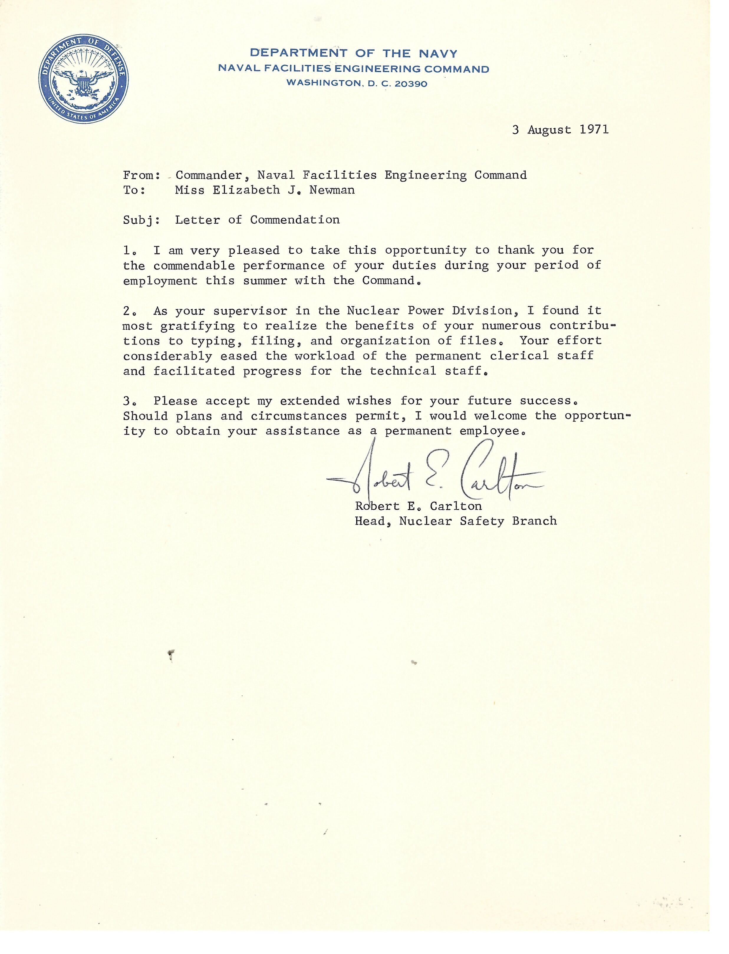 NAVFAC commendation for Betty’s civilian Navy work in the Nuclear Safety Branch, August 3, 1971.