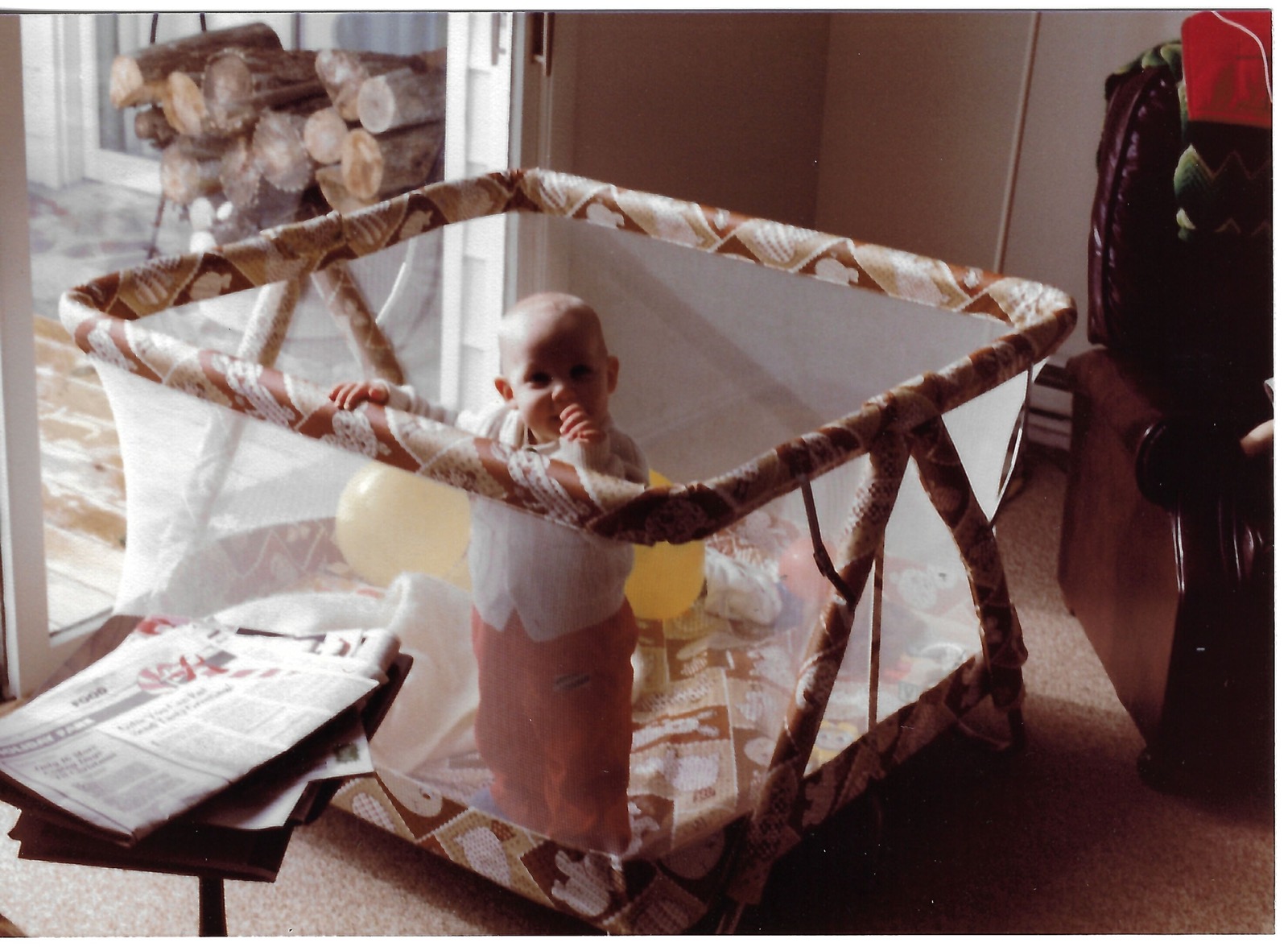 Baby Dave standing in a playpen