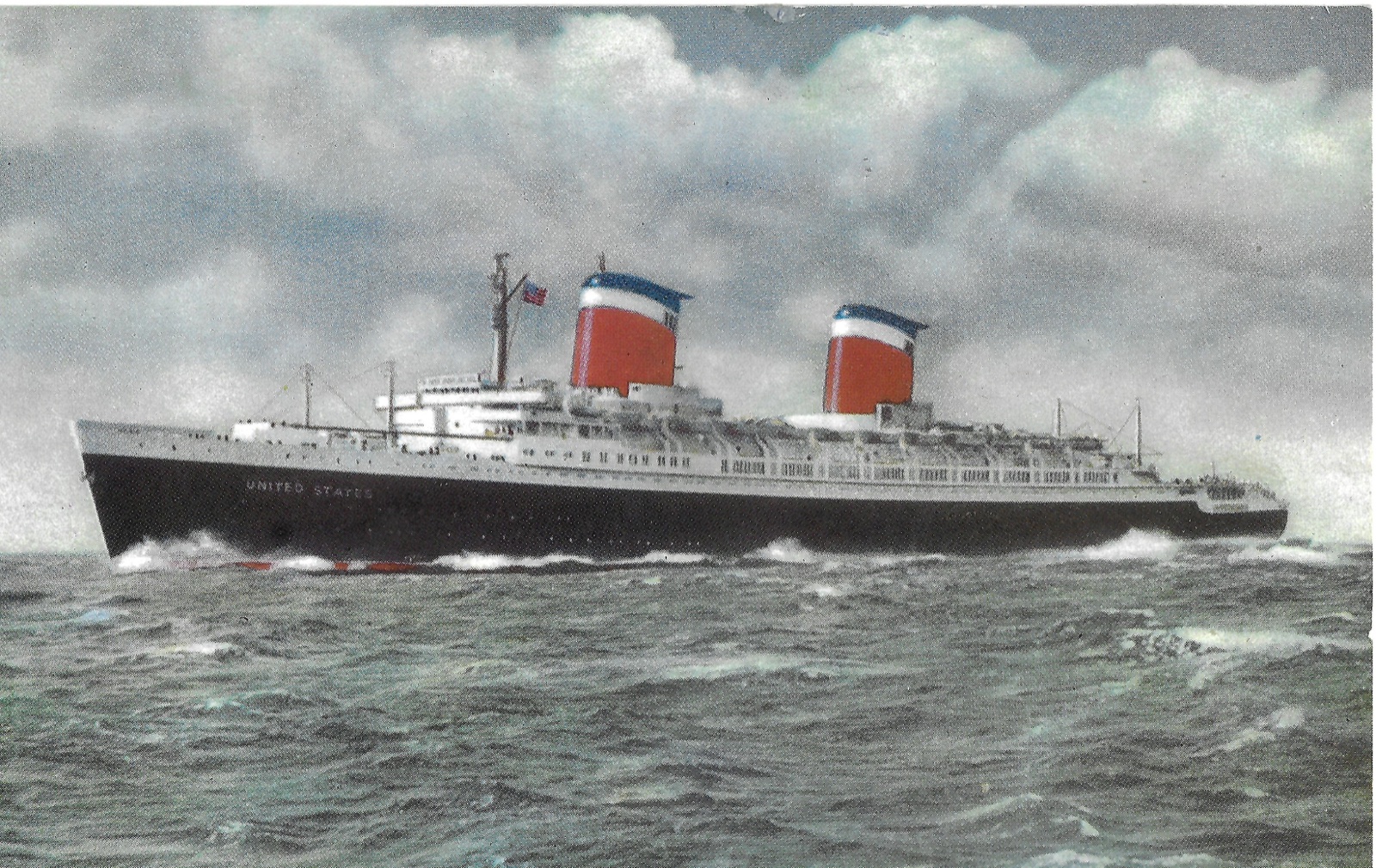 A color printed image of the S.S. United States at sea; the family believes this may be the ship they took to England.
