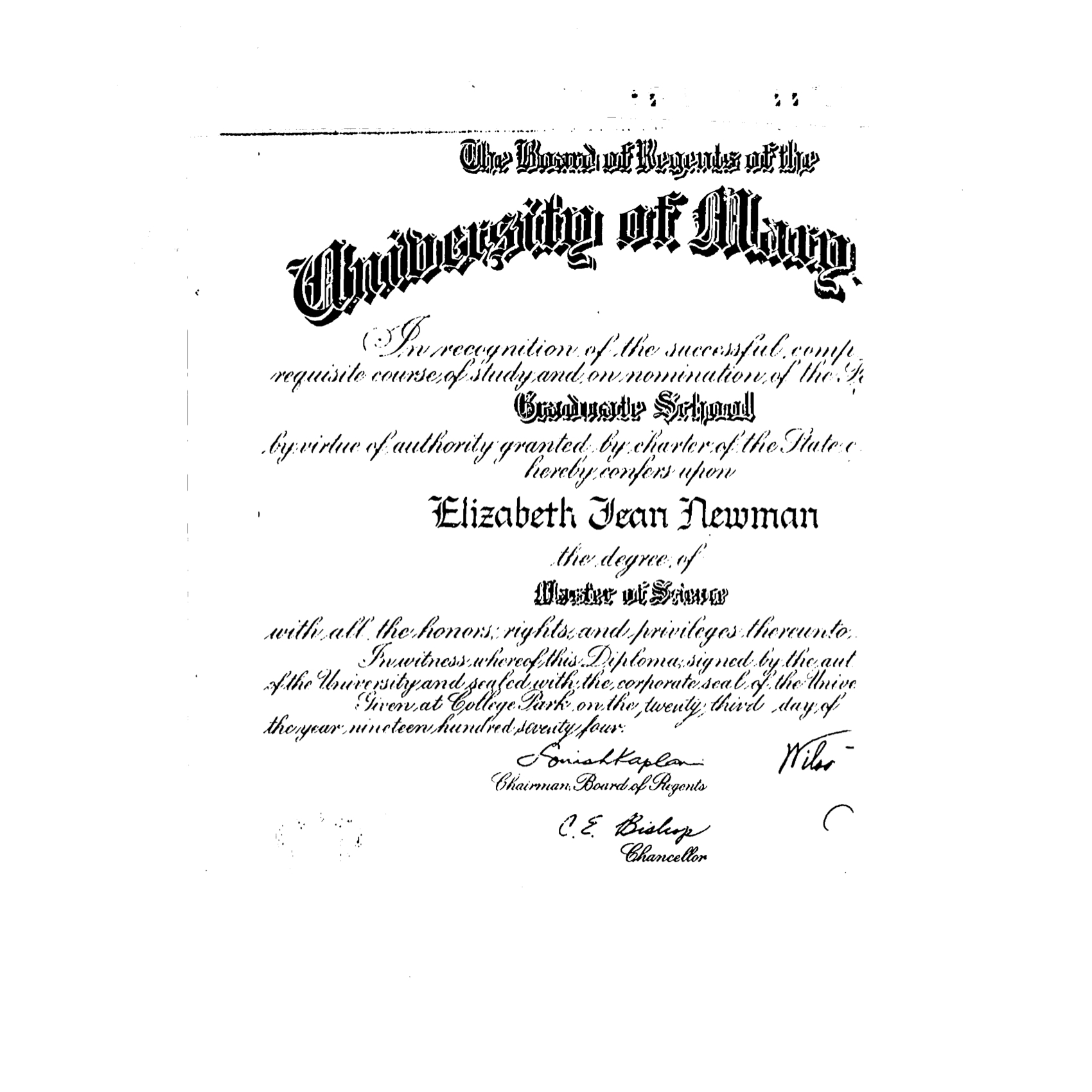 University of Maryland Master of Science diploma for Elizabeth Jean Newman, dated May 23, 1974.