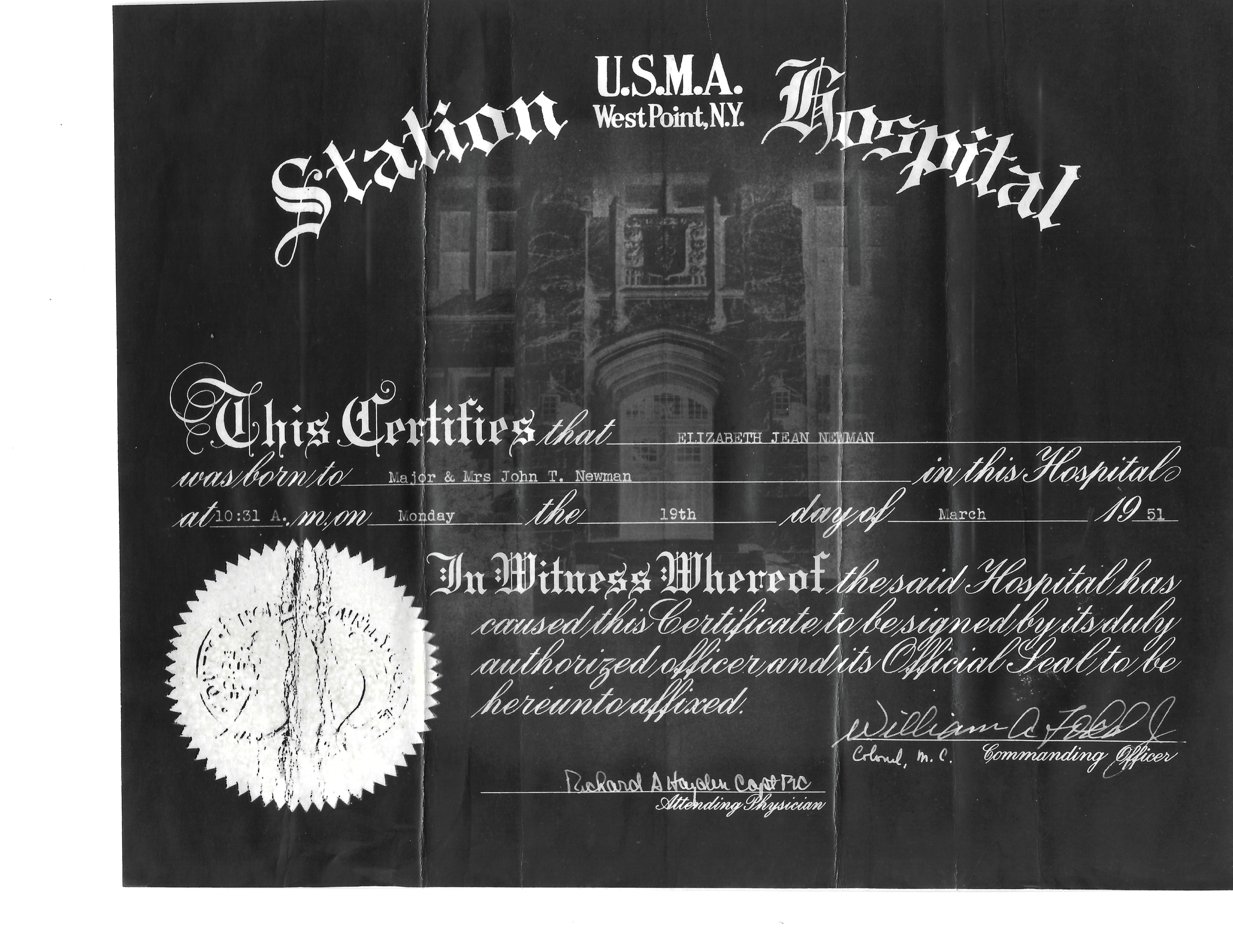 A U.S. Military Academy Hospital keepsake certificate records Elizabeth Jean Newman’s birth at West Point on March 19, 1951.