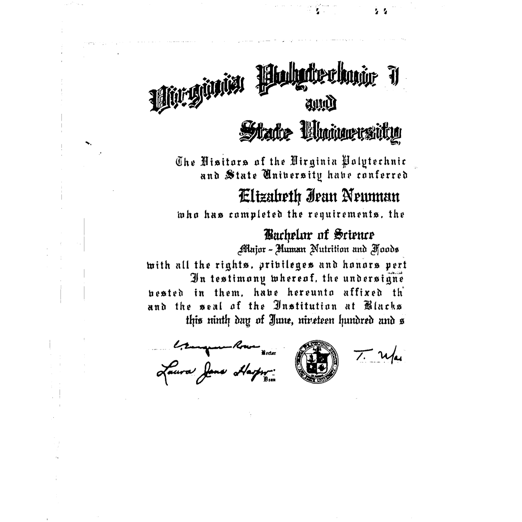 Virginia Tech Bachelor of Science diploma for Elizabeth Jean Newman in Human Nutrition and Foods, awarded June 9, 1973. The date is corroborated by the following source page; this scanned face is clipped at right.