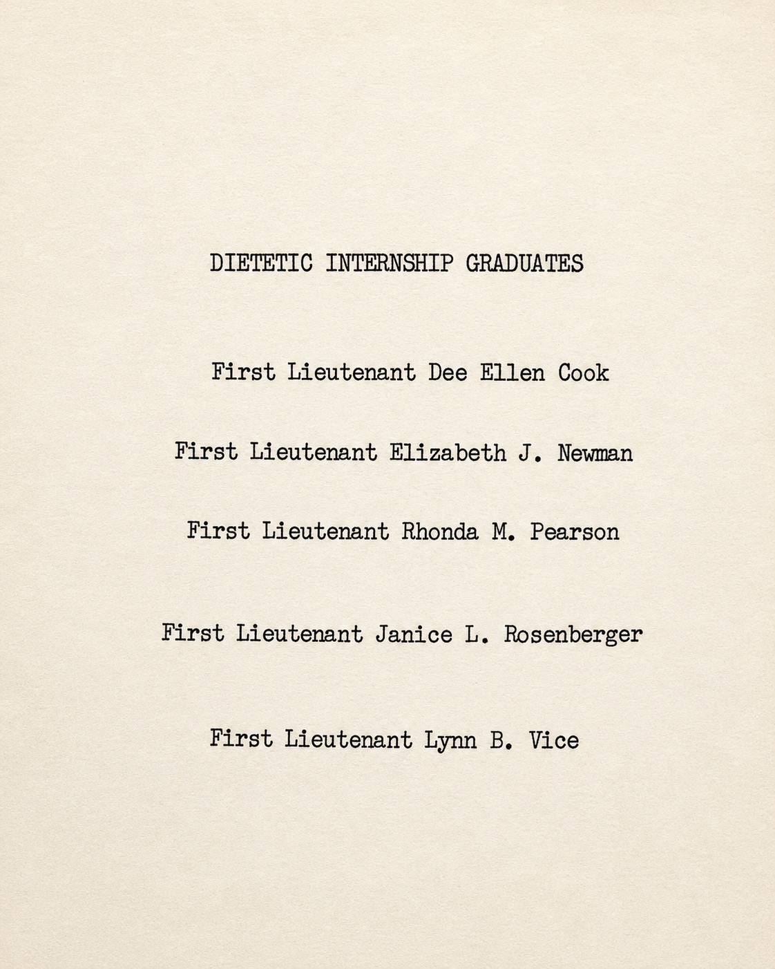 Walter Reed dietetic internship program names First Lieutenant Elizabeth J. Newman among the graduates, May 23, 1974.