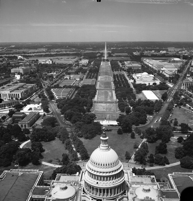 Historic aerial view west over the National Mall from the U.S. Capitol toward the Washington Monument